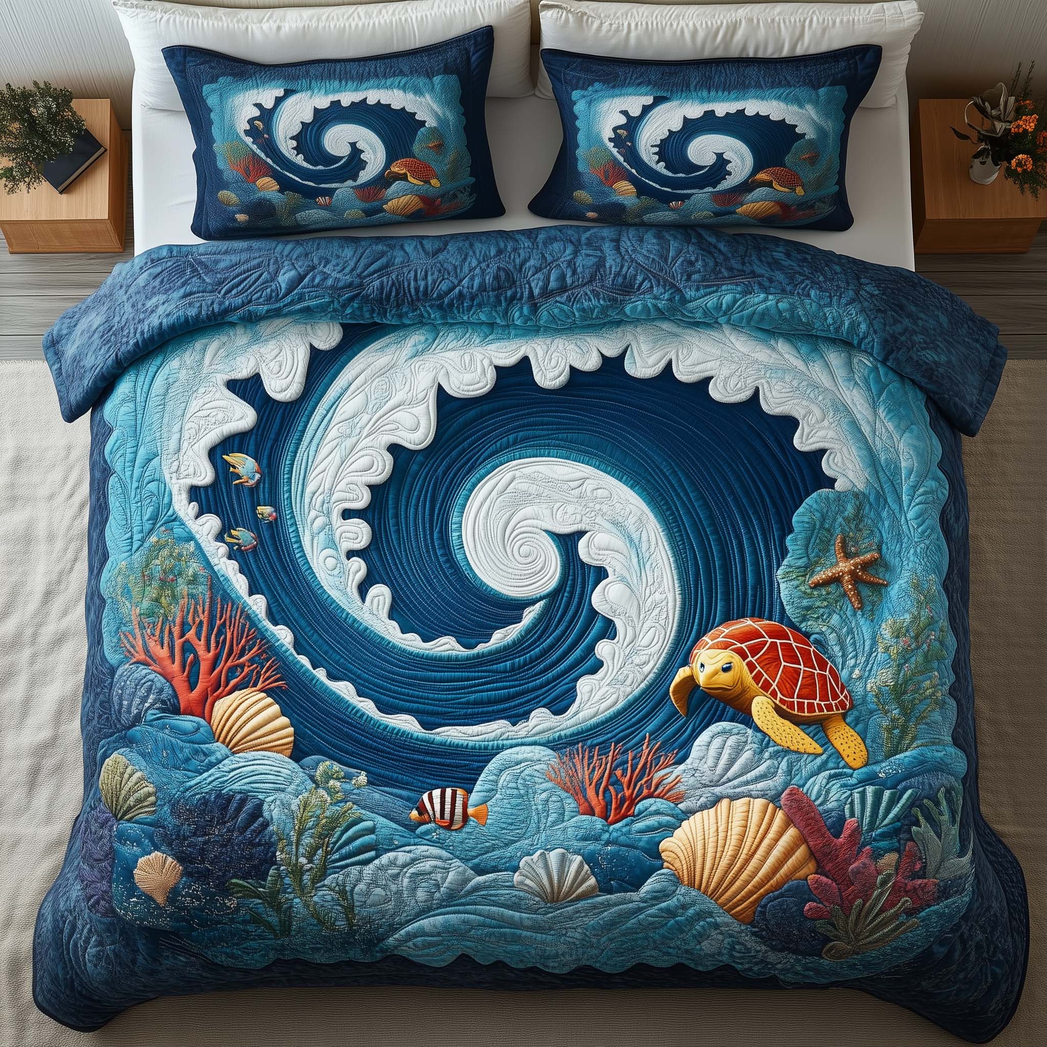 Ocean Swirl Quilted Bedding Set Autumn Inspired Bedroom Good Gifts For Brothers - Tradiviet
