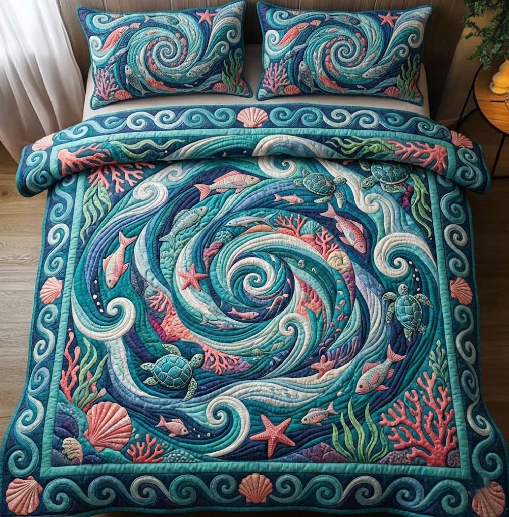 Ocean Swirl Quilted Bedding Set Holiday Home Decor Ideas Presents For Brothers In Law - Tradiviet