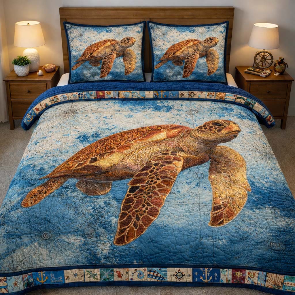 Ocean Turtle Journey Quilted Bedding Set Room Decoration Items Christmas Gifts For Turtle Lovers - Tradiviet