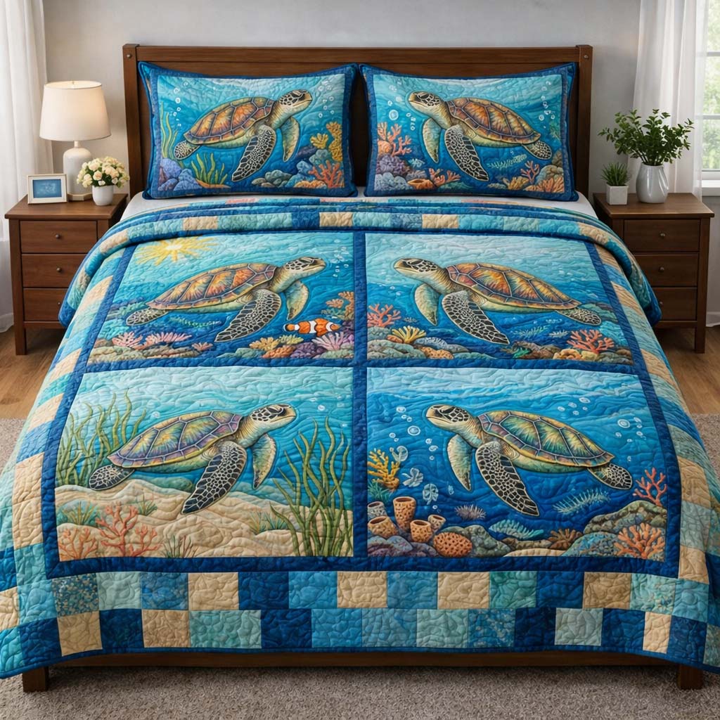 Ocean Turtle Quilted Bedding Set Holiday Bedroom Decor Turtle Gifts For Adults - Tradiviet