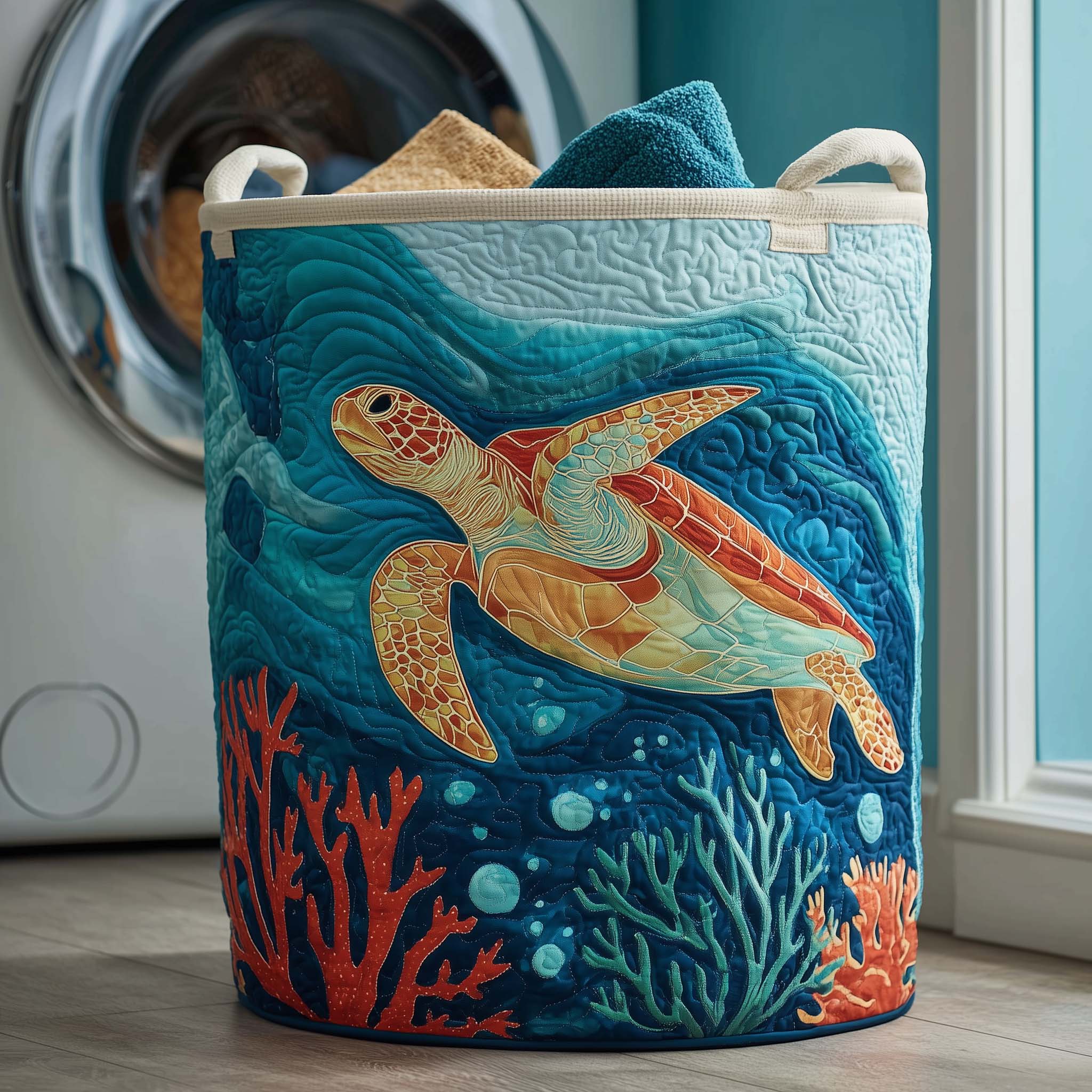 Ocean Turtle Quilted Laundry Basket Holiday Room Decor Cool Mothers Day Gifts - Tradiviet