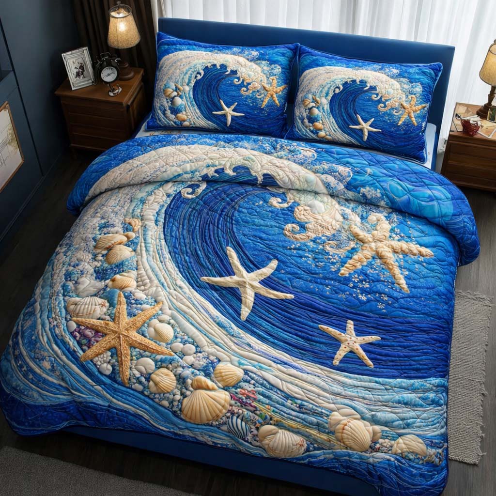 Ocean Wave Quilted Bedding Set Mens Bedroom Decor Fathers Day Ideas - Tradiviet
