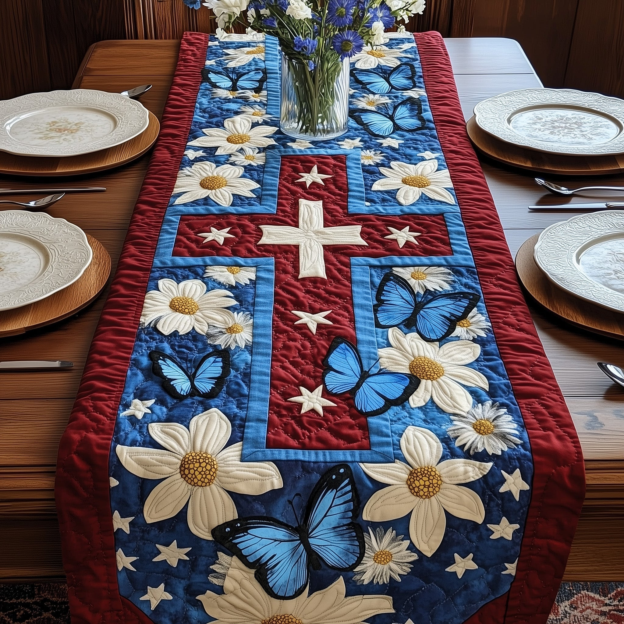 Old Glory Cross Quilted Table Runner  Floral Runner 4Th Of July Themed Gifts