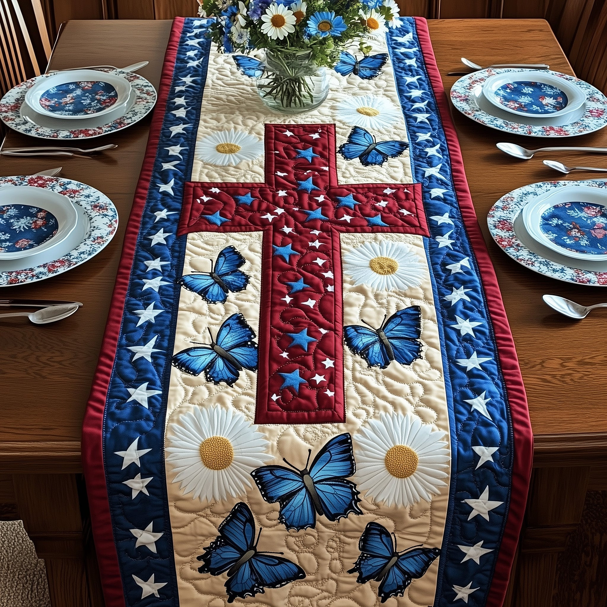 Old Glory Cross Quilted Table Runner  Fourth Of July Birthday Presents