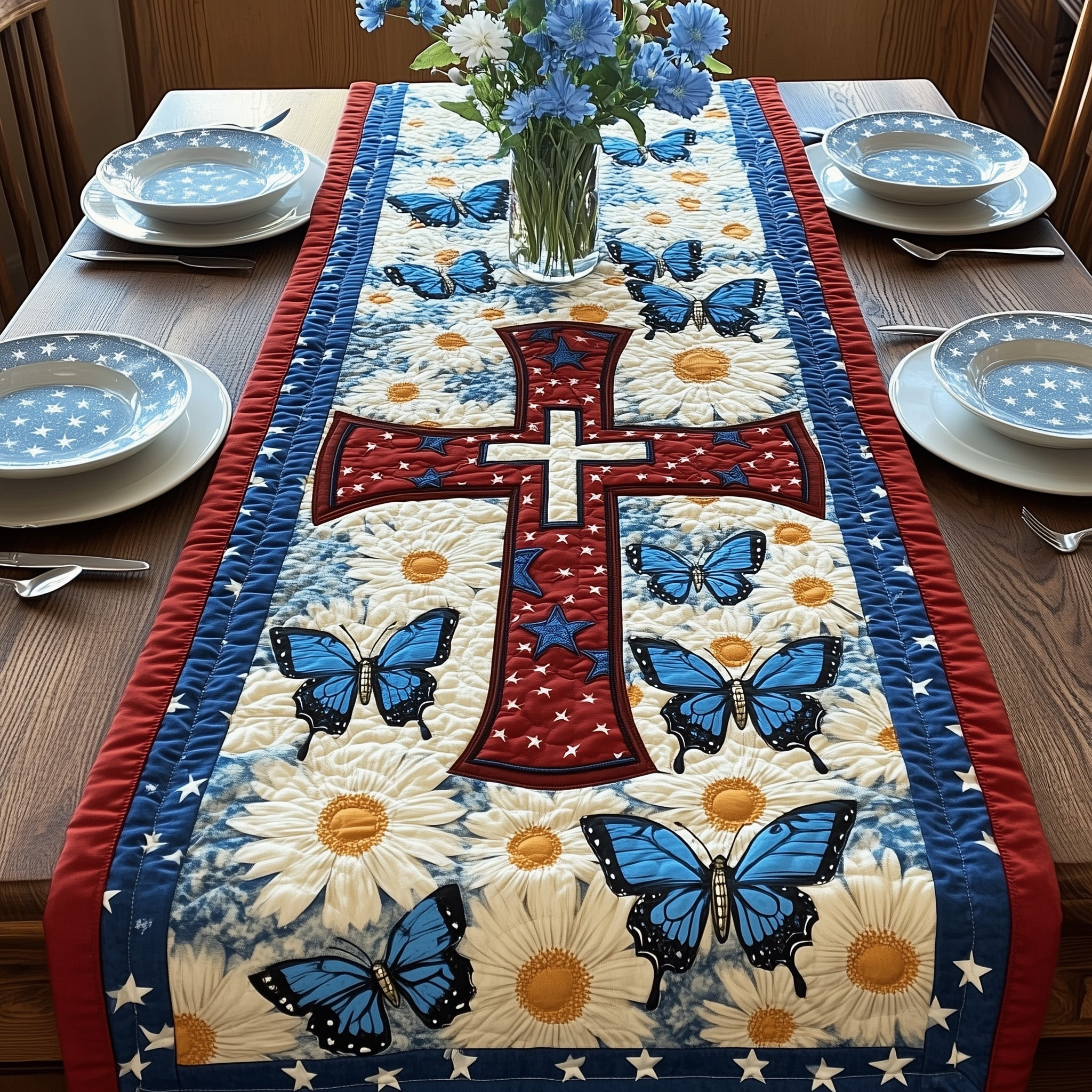 Old Glory Cross Quilted Table Runner  Fourth Of July Gift Ideas