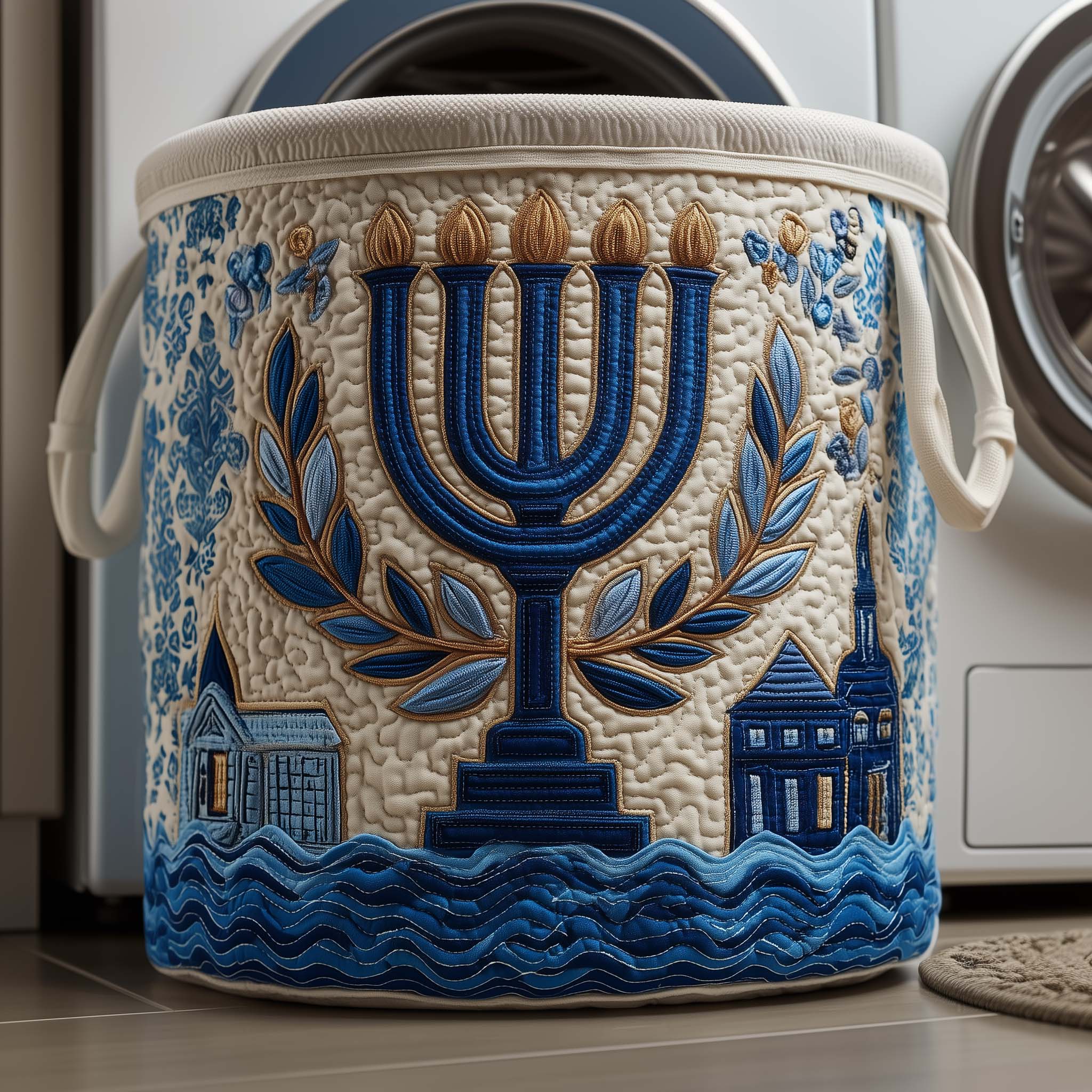 Olive Menorah Quilted Laundry Basket Holiday Room Decor Gifts For Father - Tradiviet