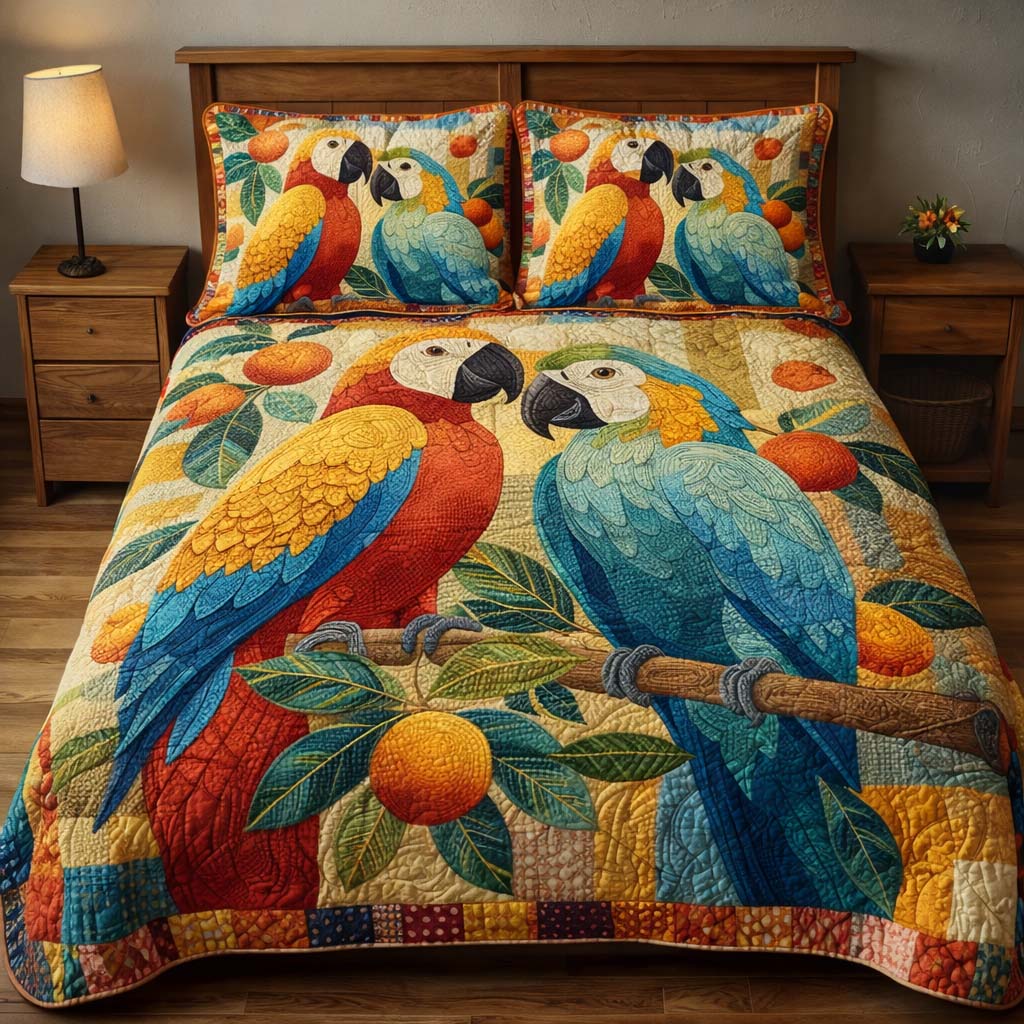 Orchard Parrots Quilted Bedding Set Bed Room Decoration Gift For Bird Lovers - Tradiviet