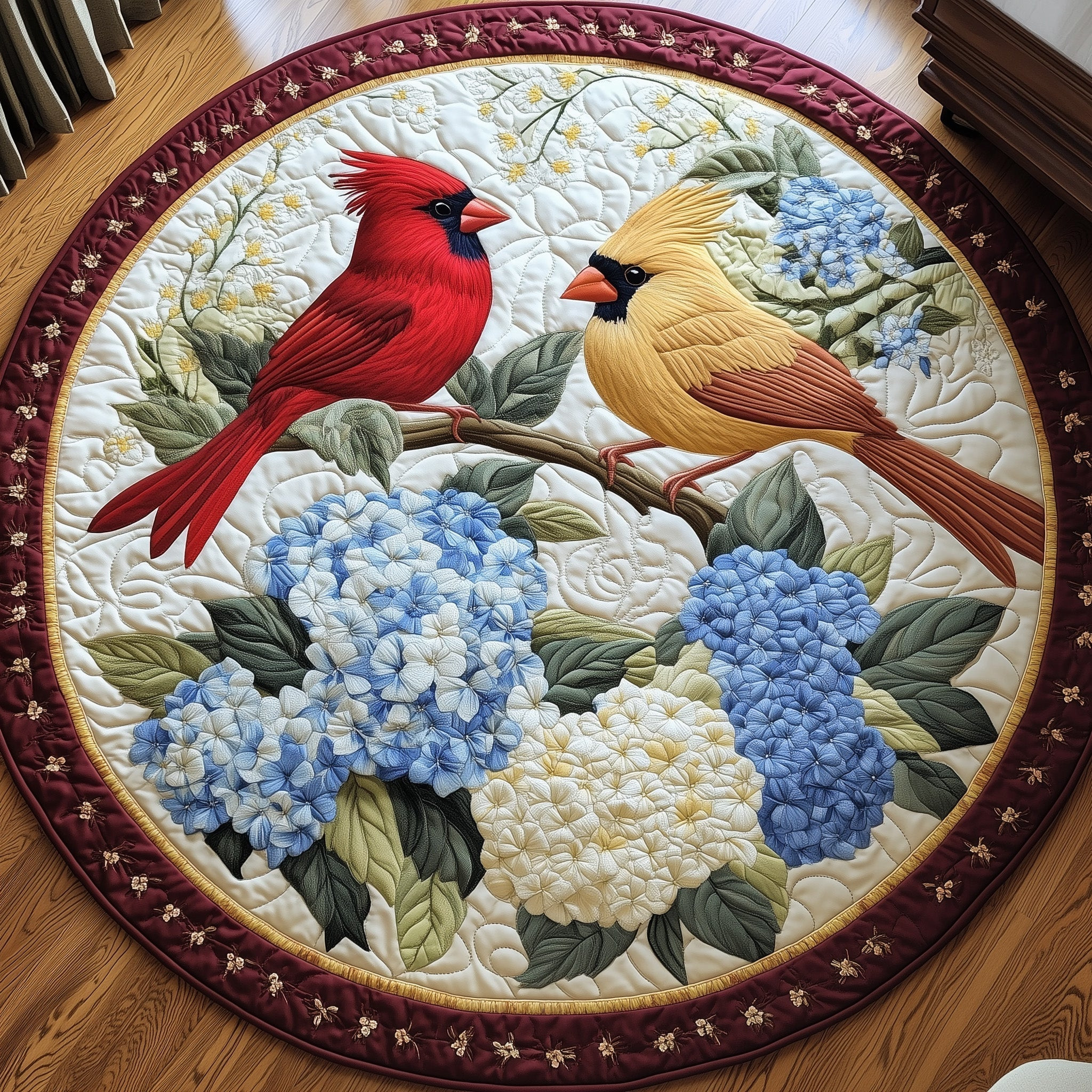 Pair Cardinal Birds Quilted Round Mat Floral Garden Circle Rug Gift For Wife - Tradiviet