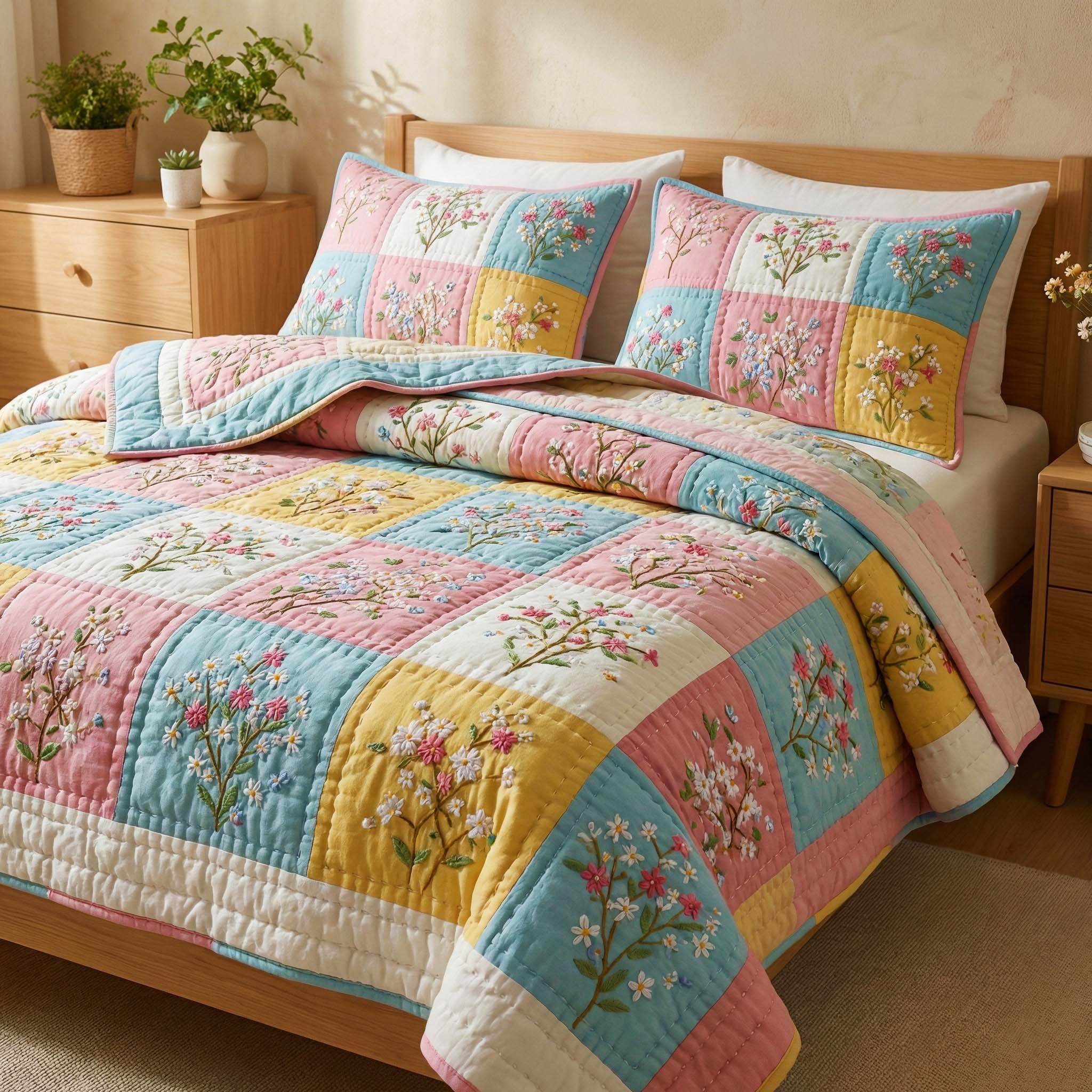 Pastel Blossoms Quilted Bedding Set Nature Inspired Cactus House Decoration Gift For Mom - Tradiviet