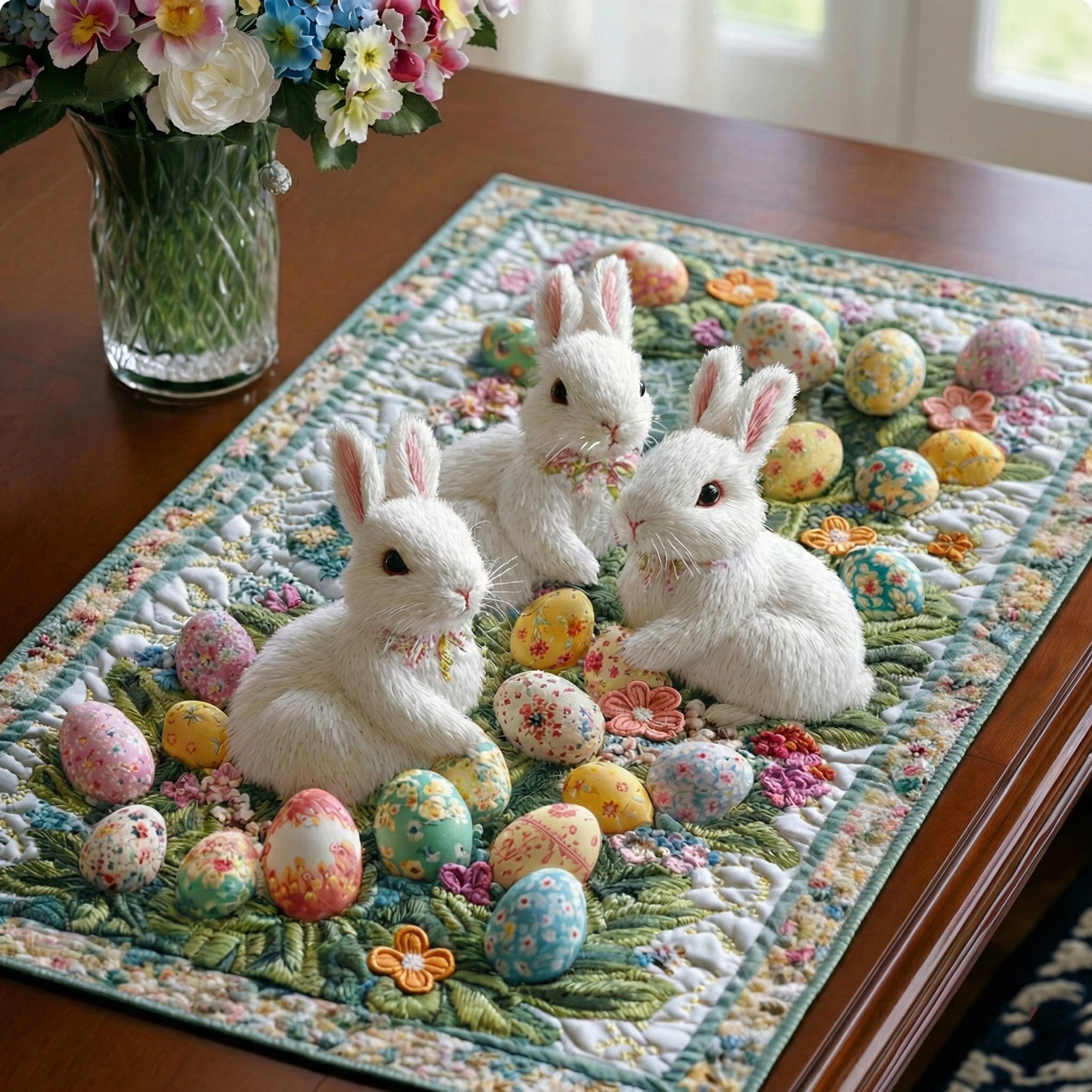 Pastel Bunny Bloom Quilted Placemat Spring Festival Easter Table Decor Cozy Gift For Her - Tradiviet