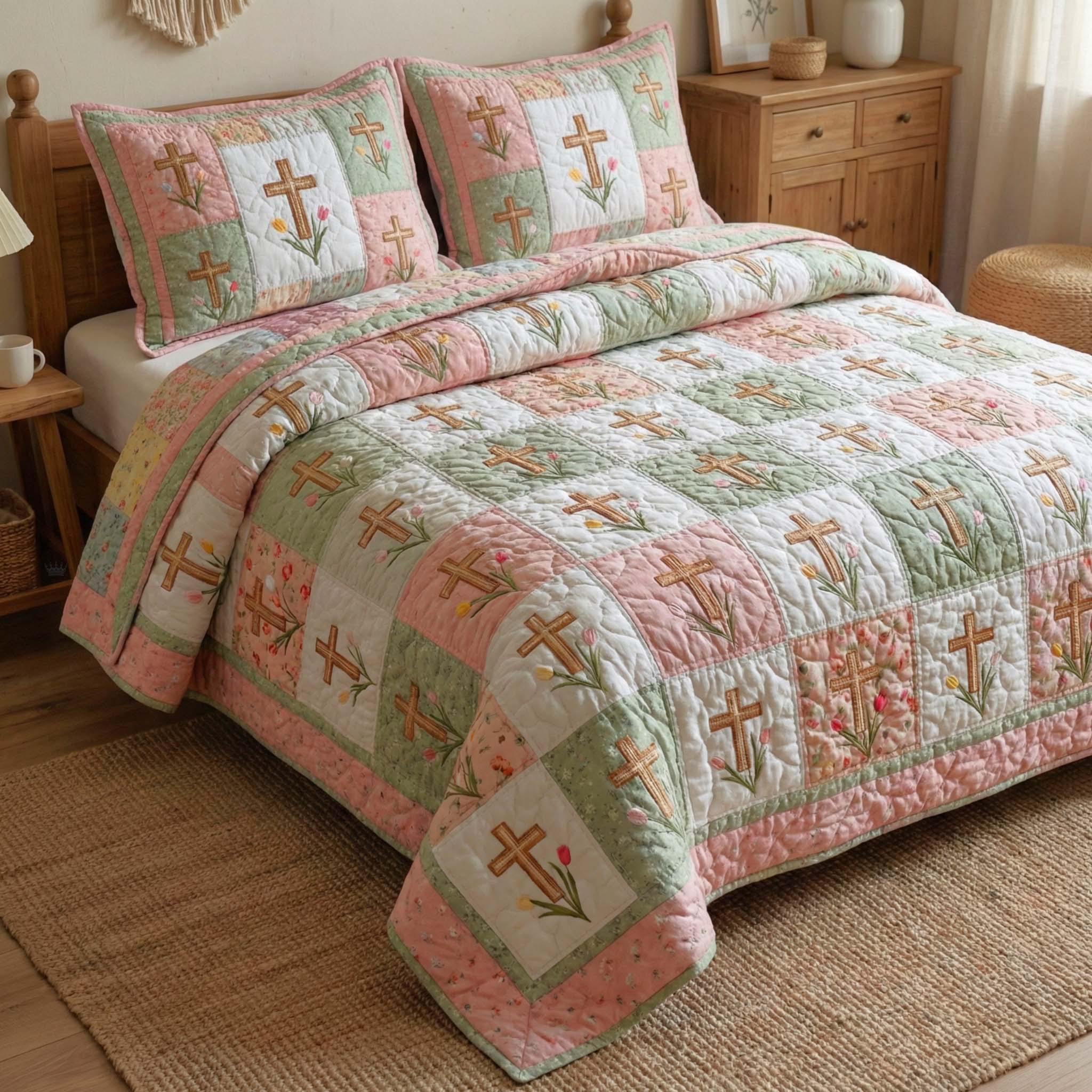 Pastel Cross Quilted Bedding Set Bed Room Decoration Cross Gift For Him - Tradiviet