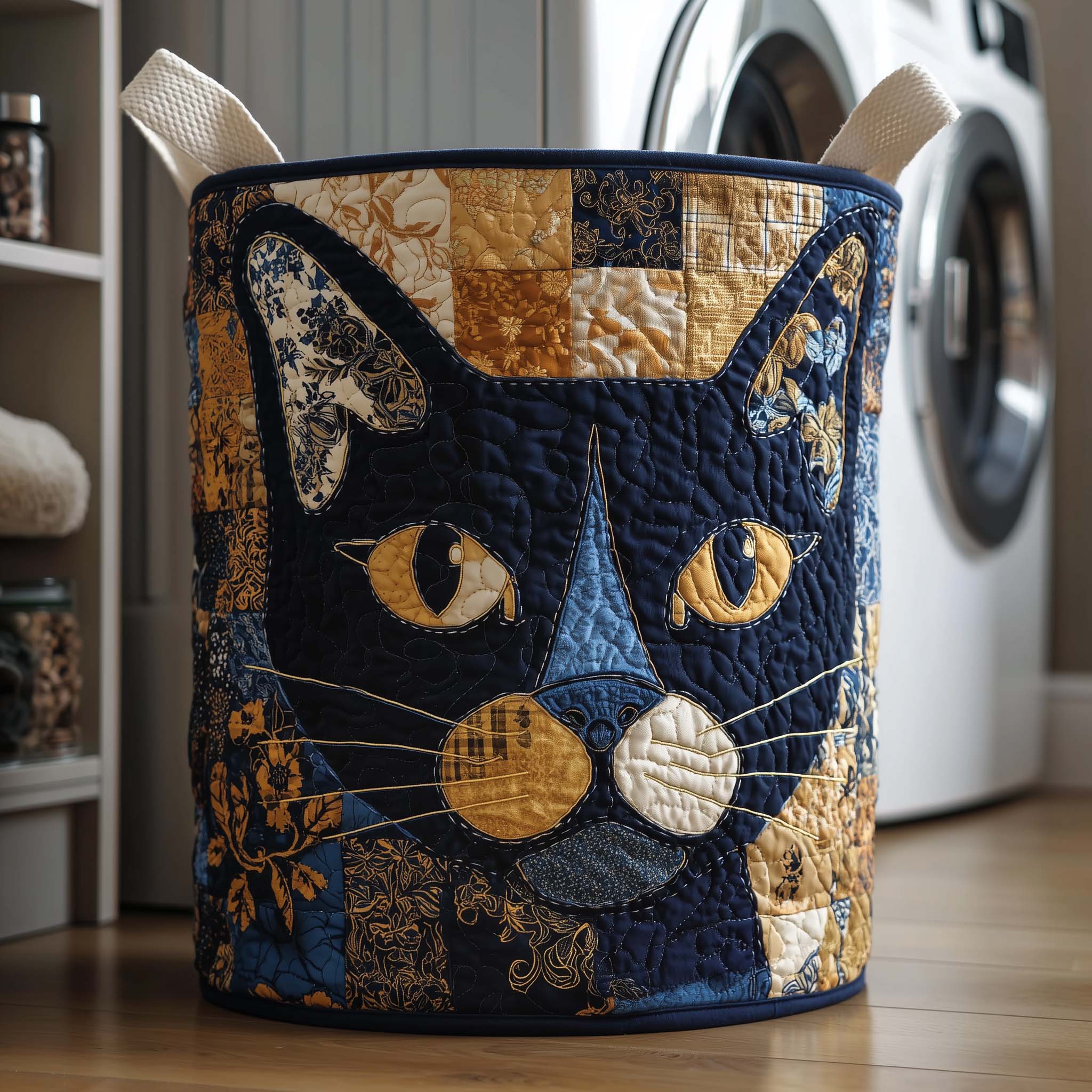 Patchwork Cat Quilted Laundry Basket Cute Storage Baskets Best Gifts For Dad - Tradiviet