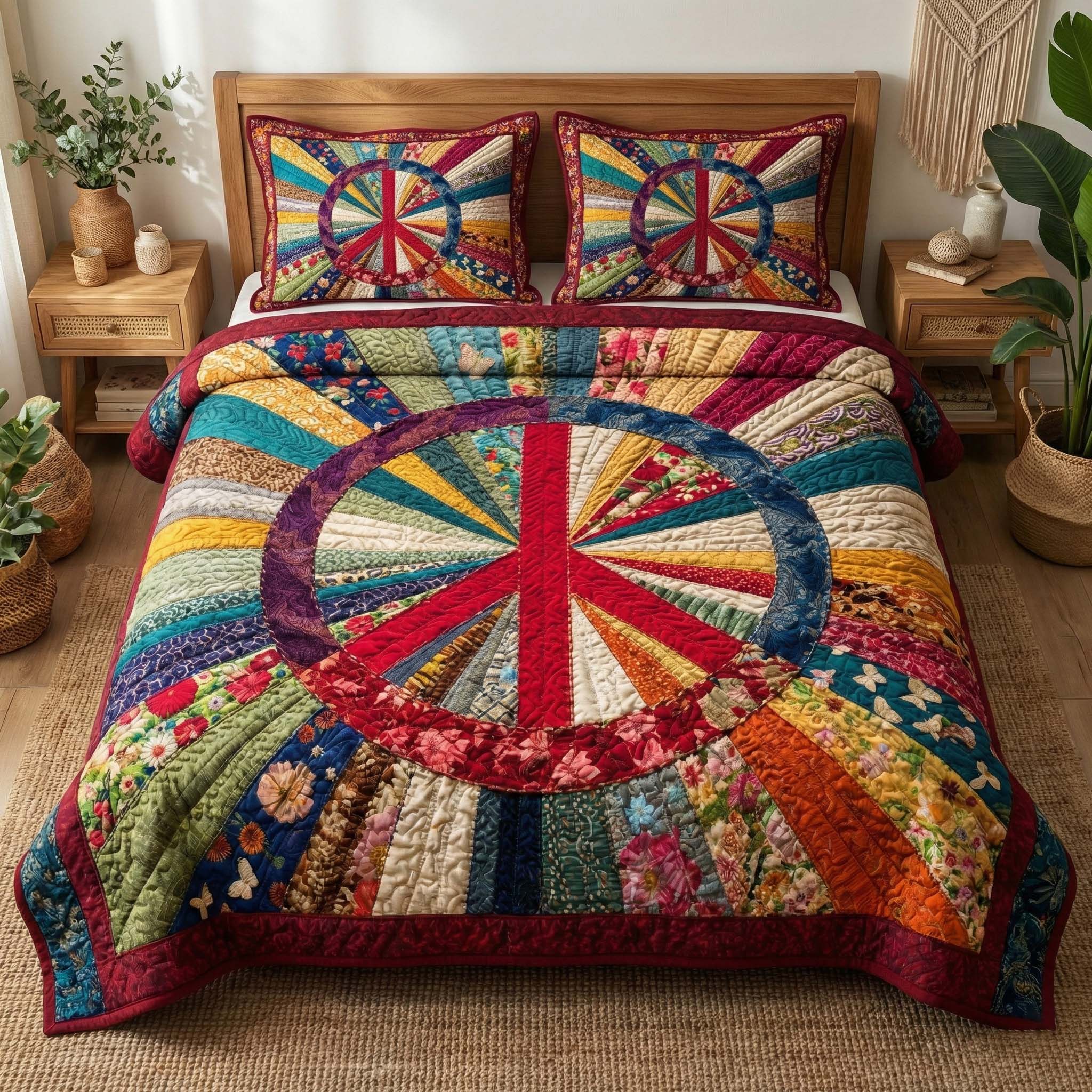 Patchwork Peace Quilted Bedding Set Mens Bedroom Decor Peace Offering Gift For A Friend - Tradiviet
