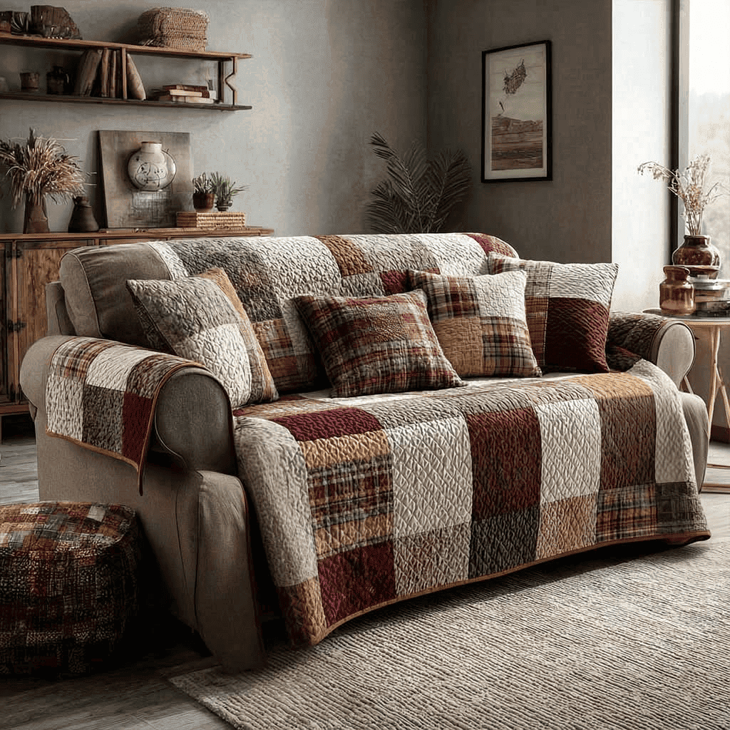 Patchwork Quilted Sofa Cover Farmhouse Rustic Couch Protector Gift for Farmers