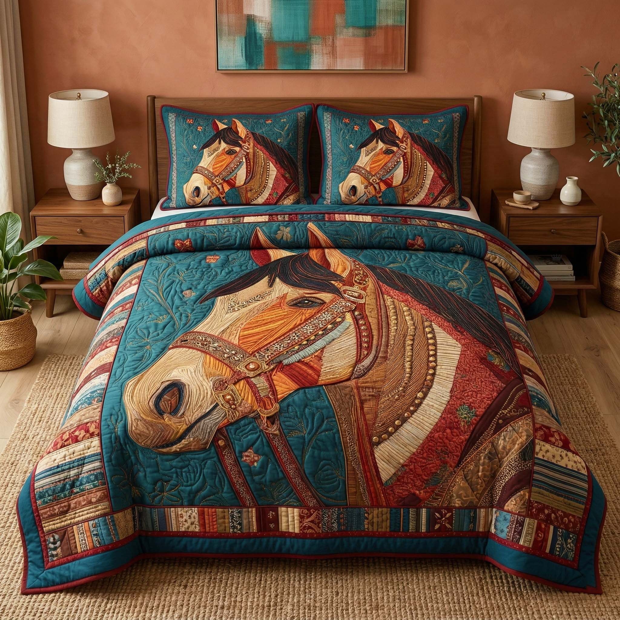 Patchwork Stallion Quilted Bedding Set Holiday Room Decoration Items Gift For Son - Tradiviet