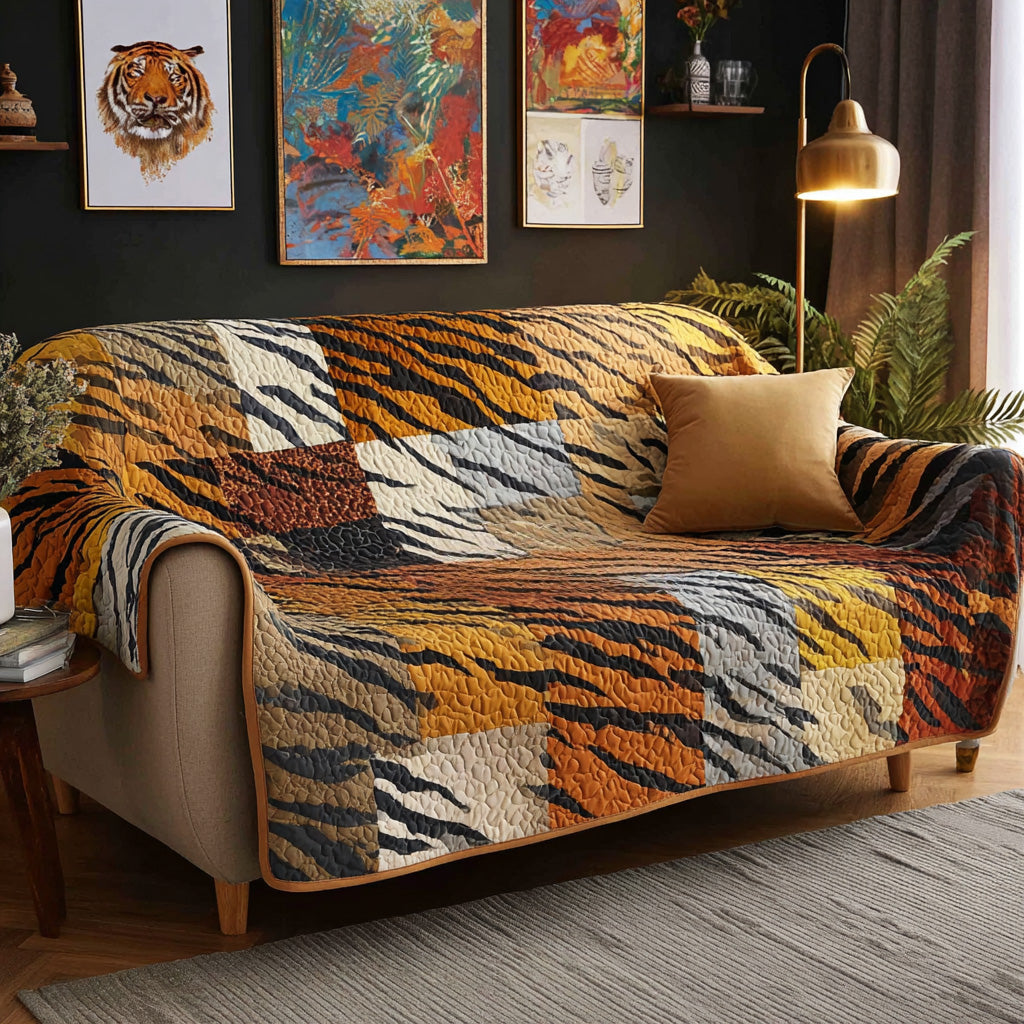 Patchwork Tiger Quilted Sofa Cover Tiger Animal Print Sofa Decor