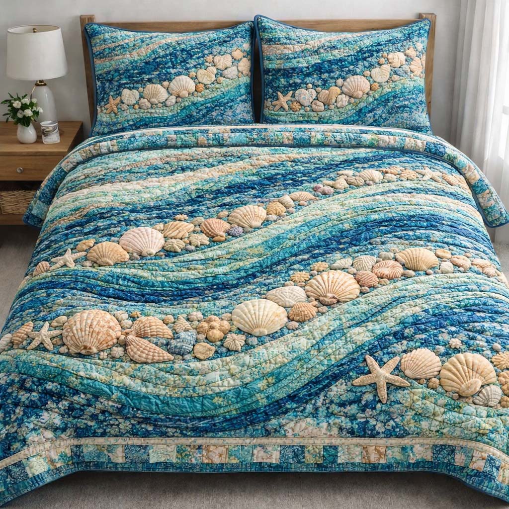 Patchy Waves Quilted Bedding Set Holiday Room Decoration Items Gift For Sea Lover - Tradiviet