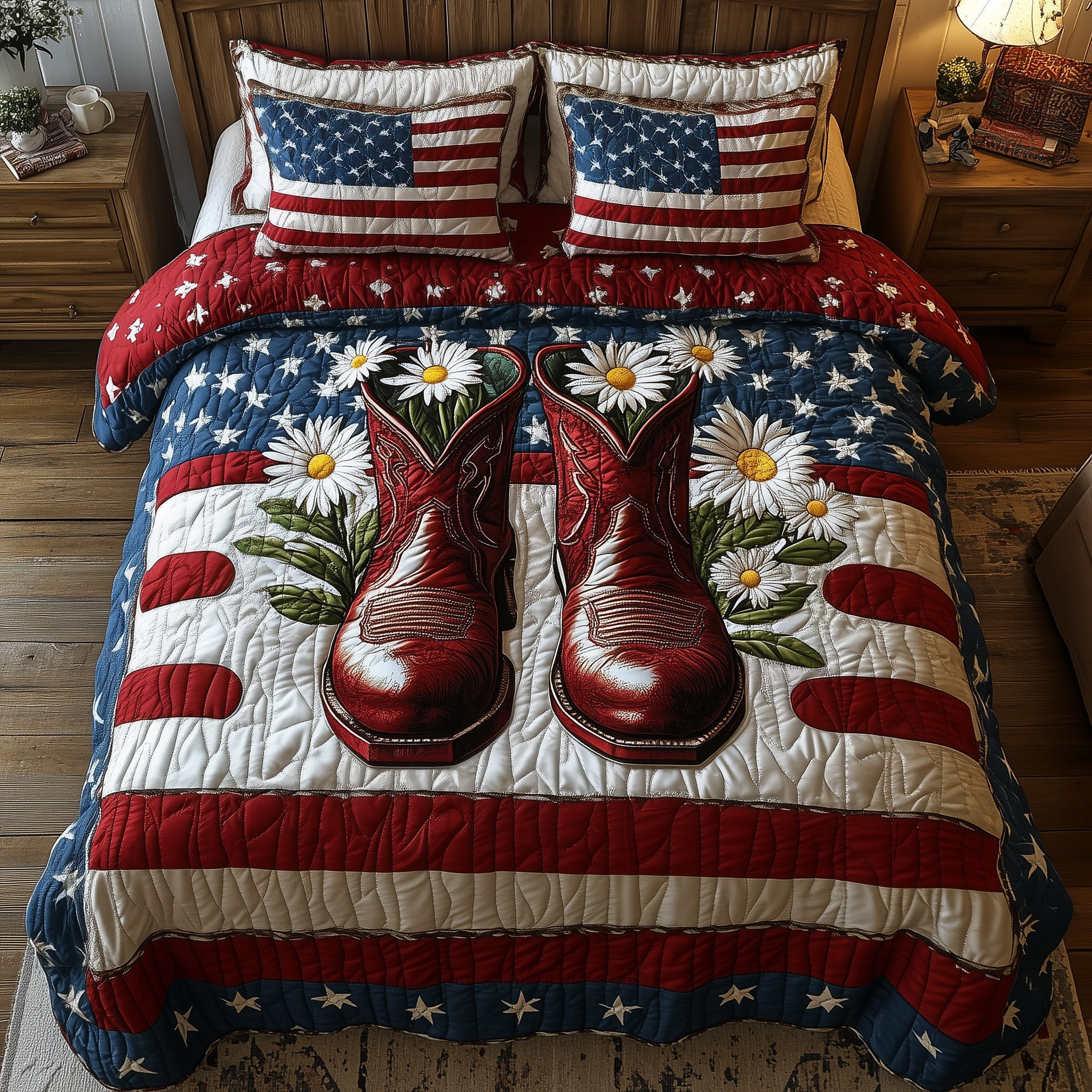 Patriot Floral Boost  Quilted Bedding Set 4Th Of July Gifts For Coworkers