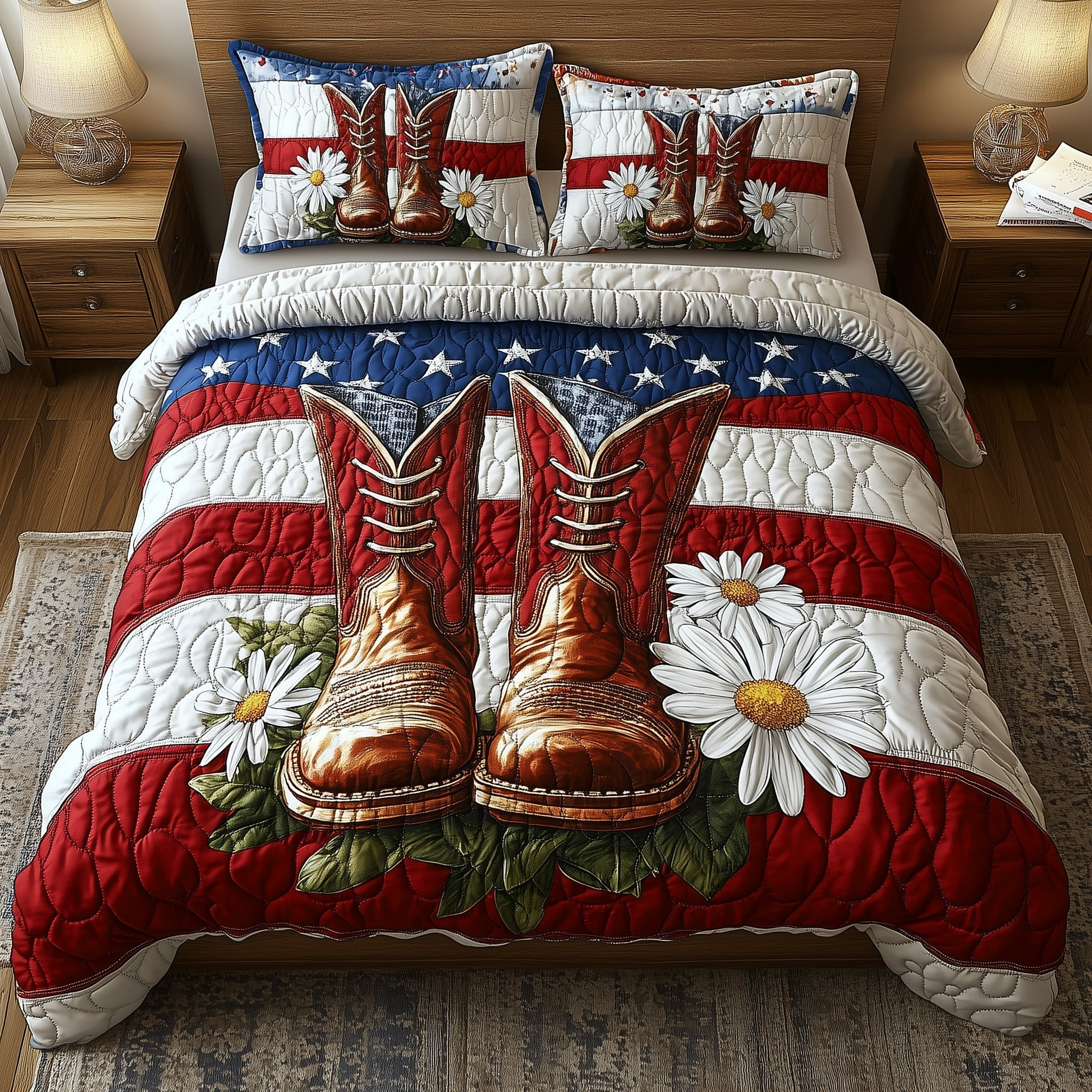 Patriot Floral Boost  Quilted Bedding Set King Size Duvet Cover Fourth Of July Birthday Gifts