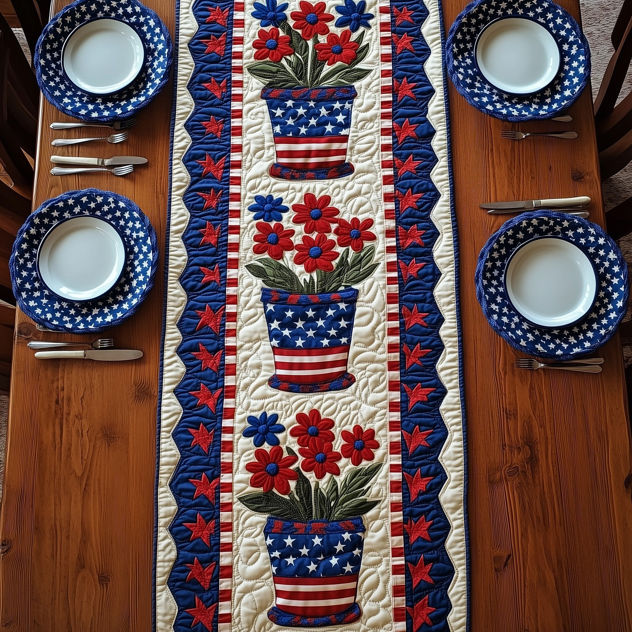 Patriot Flower Quilted Table Runner Dining Table Runner Best 4Th Of July Gifts