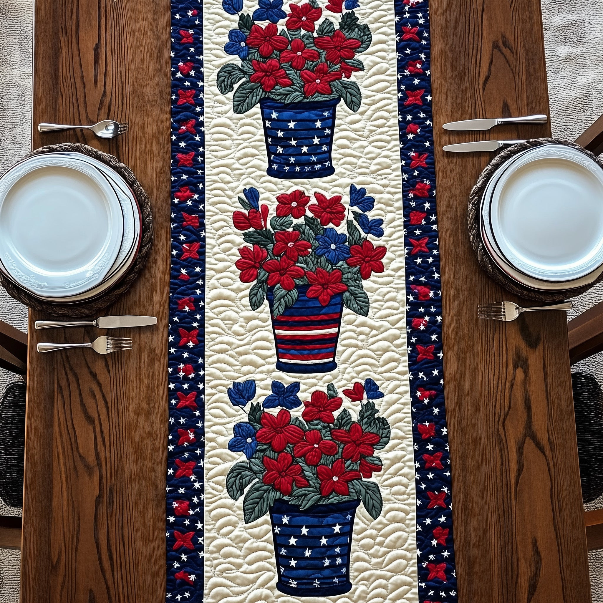 Patriot Flower Quilted Table Runner Summer Table Runner 4Th Of July Themed Gifts