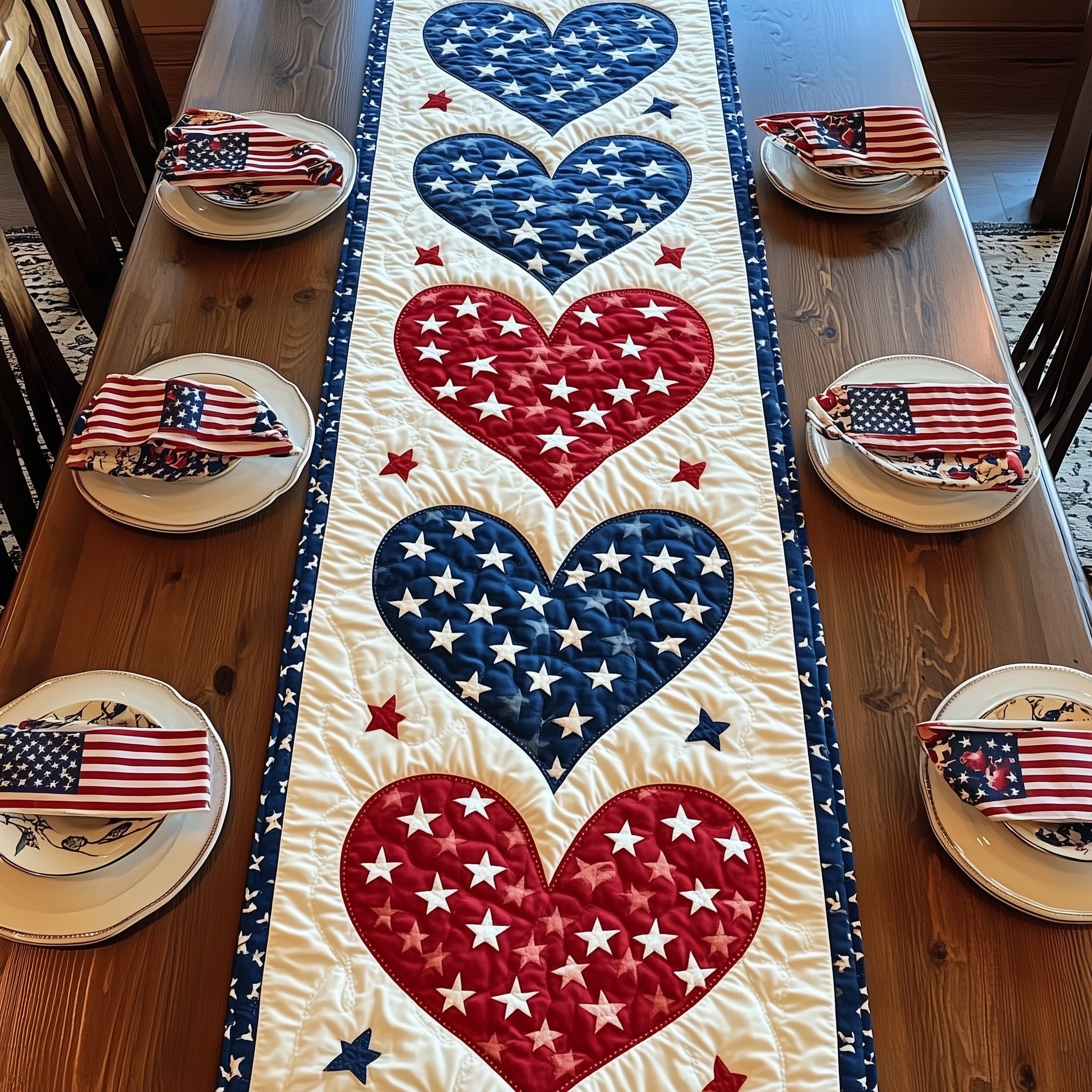 Patriot Hearts Quilted Table Runner American Flag Runner  4Th Of July Present