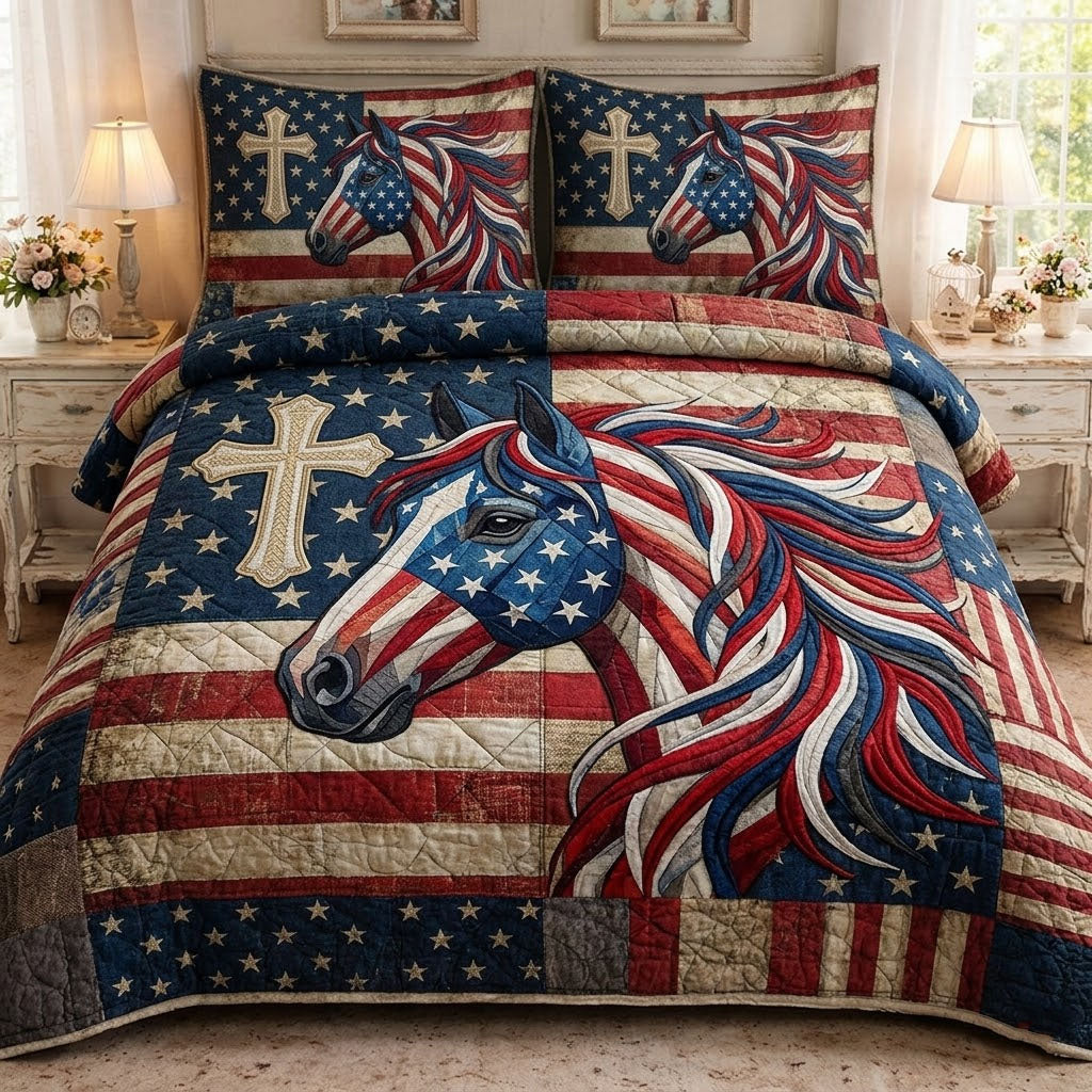 Patriot Horse Quilted Bedding Set Mens Bedroom Decor Cute Horse Gifts - Tradiviet