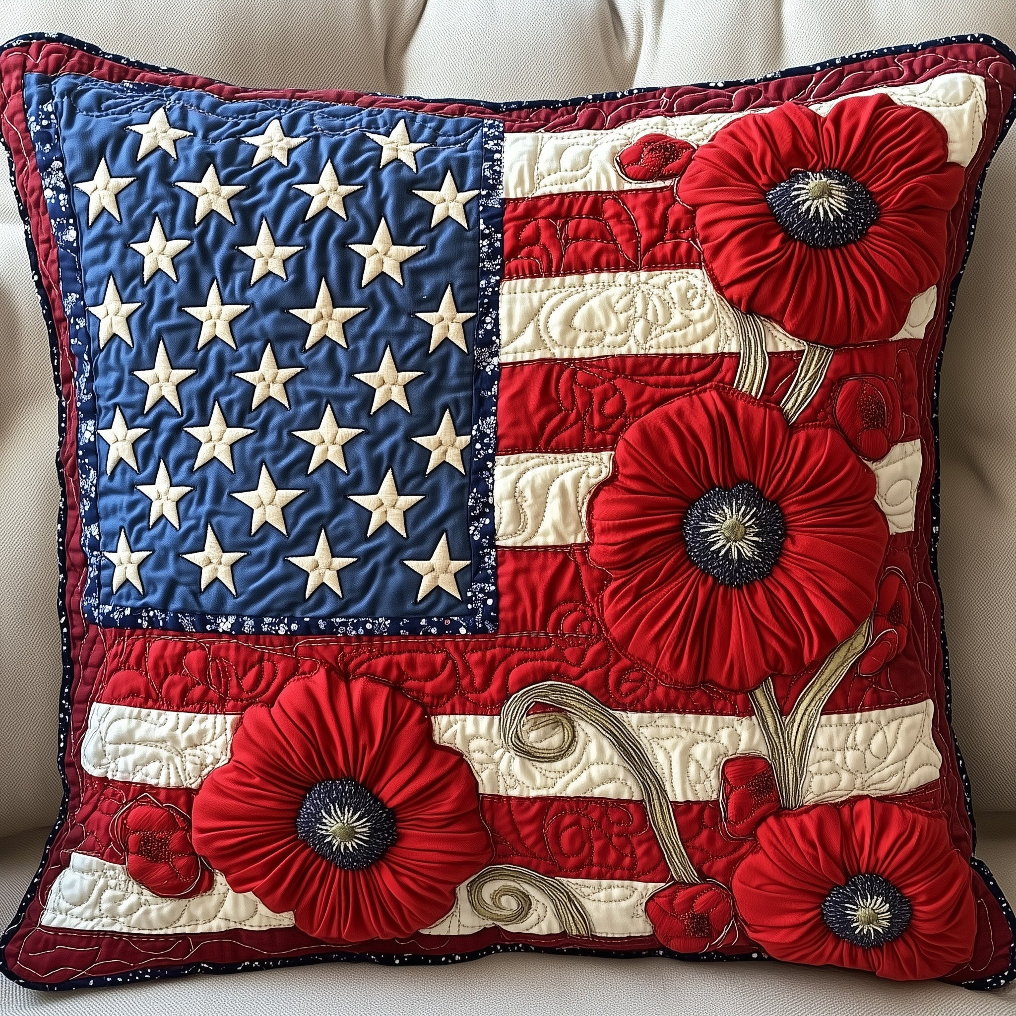Patriot Petal Quilted Pillow Case Patriot Poppies Pillow Gift For Her - Tradiviet