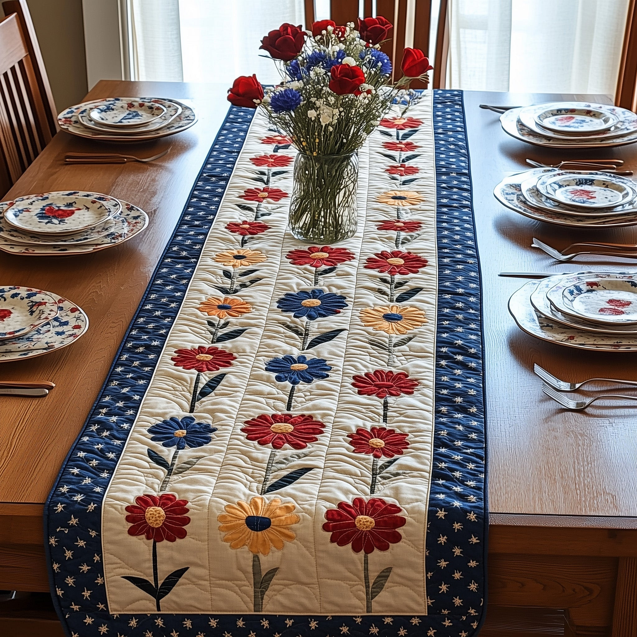 Patriot Petal Quilted Table Runner Dining Table Runner Cute 4Th Of July Gifts