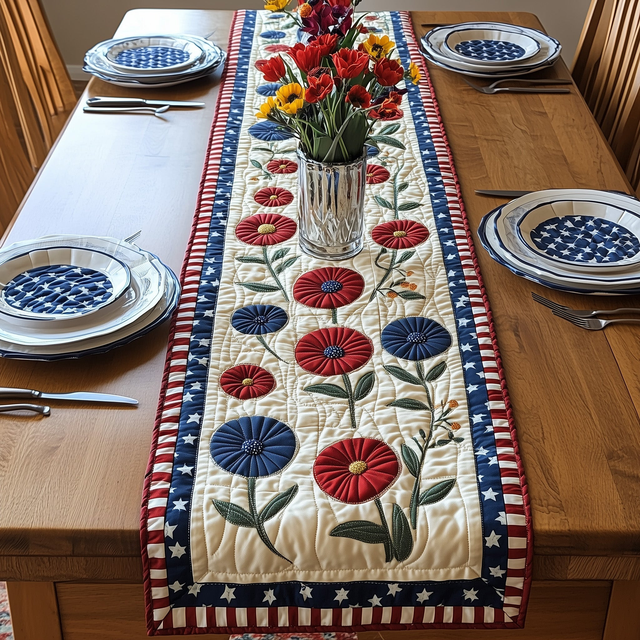Patriot Petal Quilted Table Runner Fourth Of July Birthday Gifts