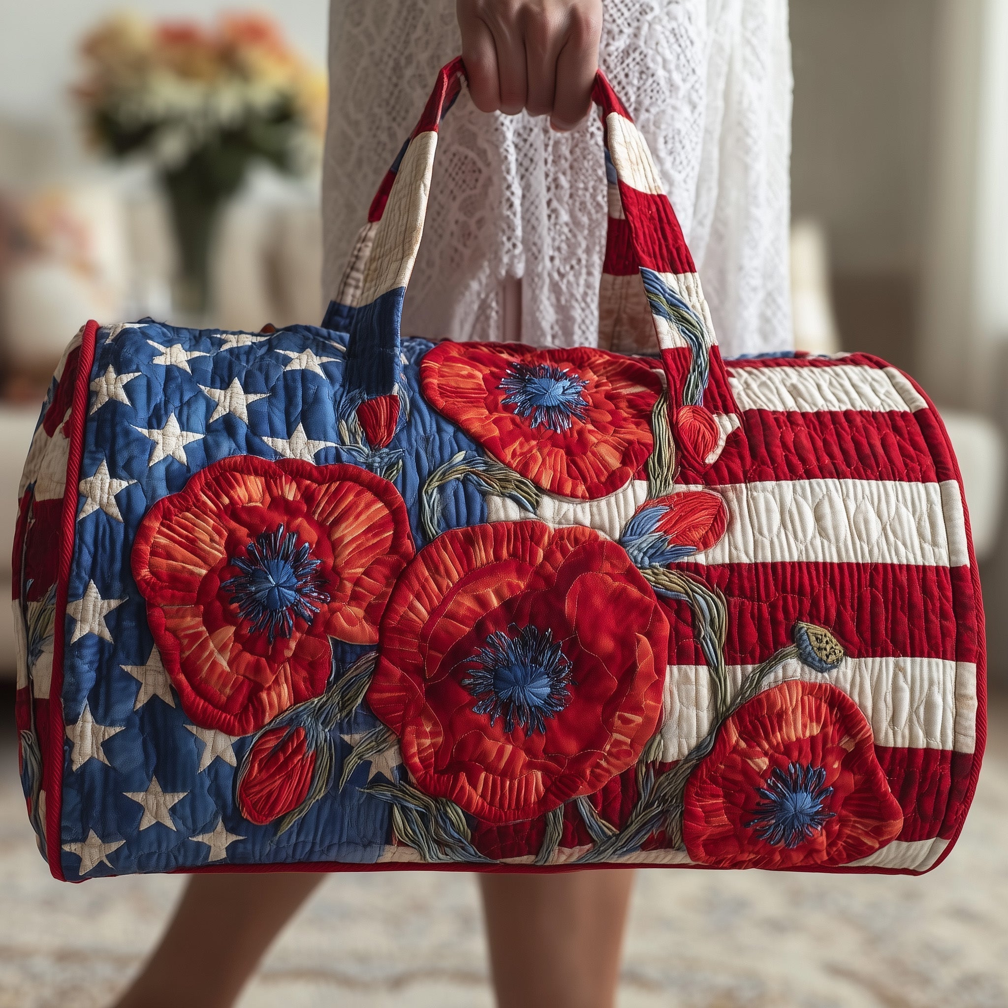 Patriot Poppies Quilted Duffle Bag 250 Years Of Defending Liberty Travel Tote Gifts For Wife - Tradiviet