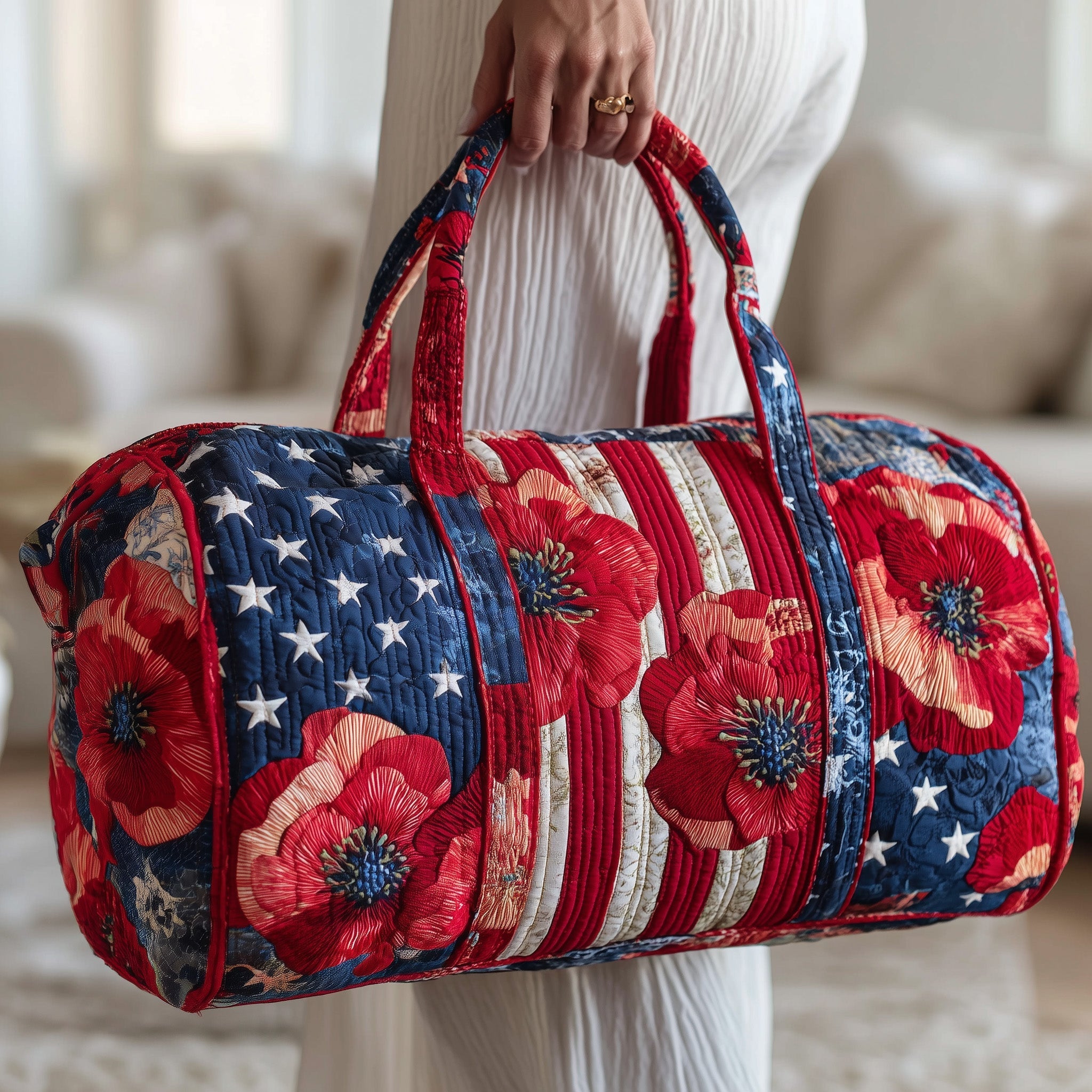 Patriot Poppies Quilted Duffle Bag American Flag Poppy Travel Tote Gifts For Girlfriend - Tradiviet