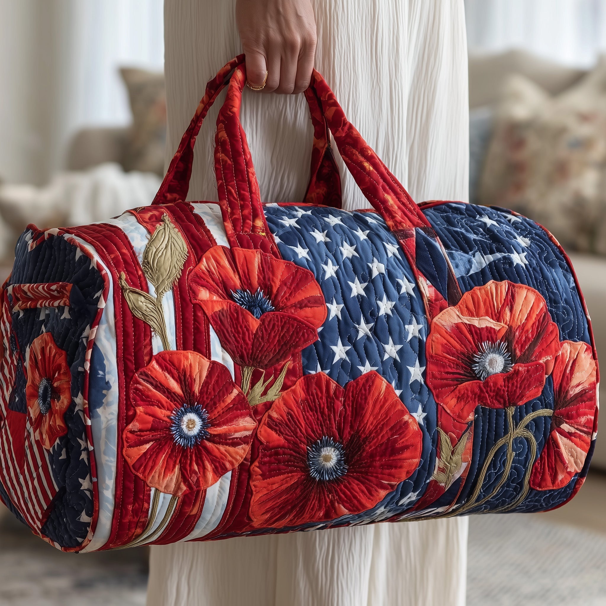Patriot Poppies Quilted Duffle Bag American Flag Poppy Travel Tote Gifts For Mom - Tradiviet