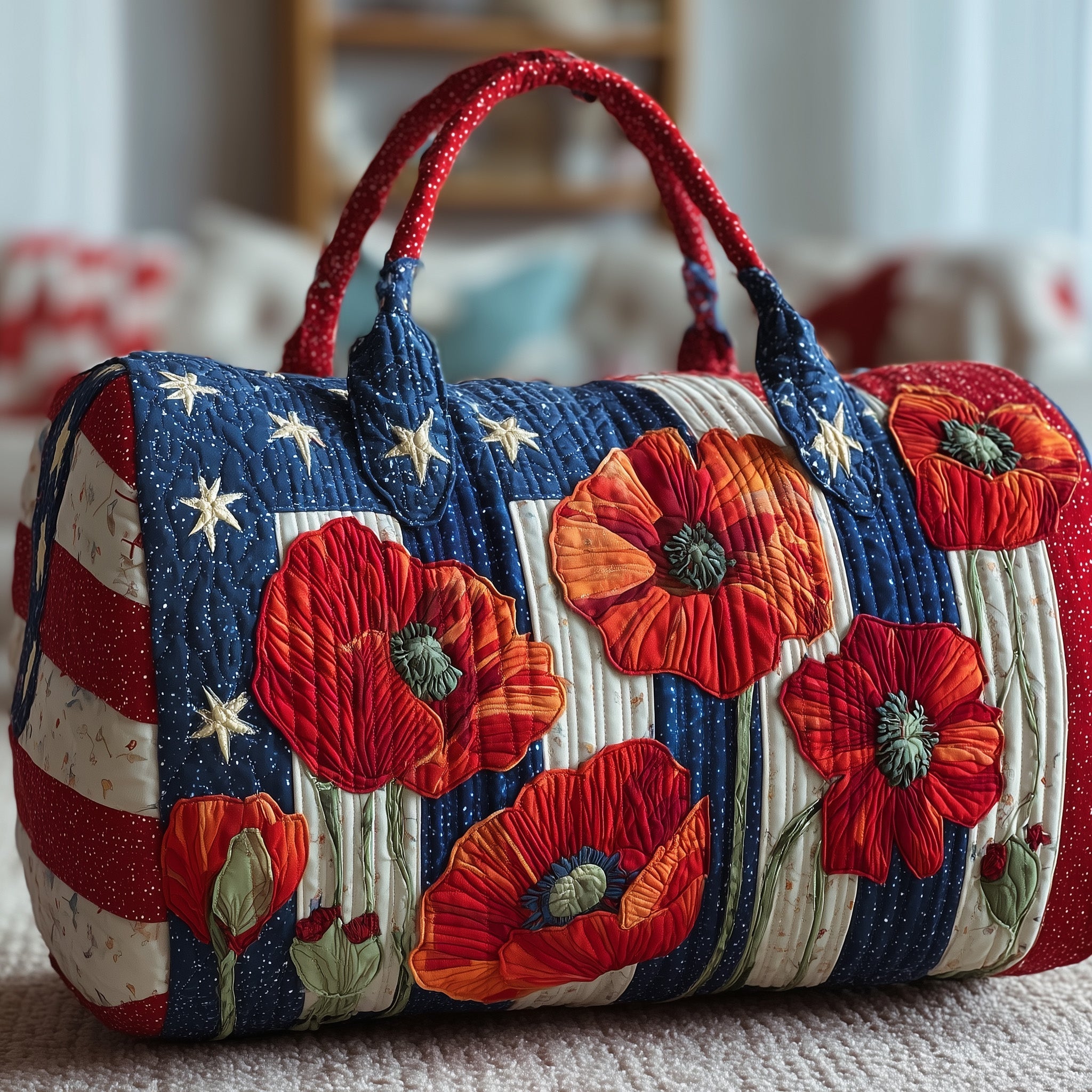 Patriot Poppies Quilted Duffle Bag Patriotic Floral Travel Tote Gifts Ideas - Tradiviet