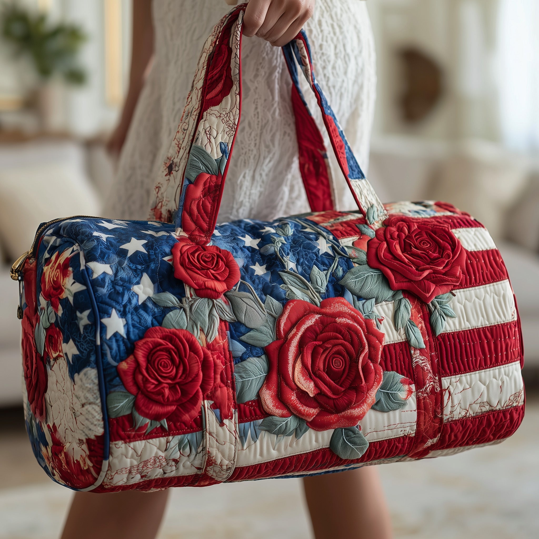 Patriot Rose Quilted Duffle Bag American Flag Poppy Weekender Duffle Gifts For Girlfriend - Tradiviet
