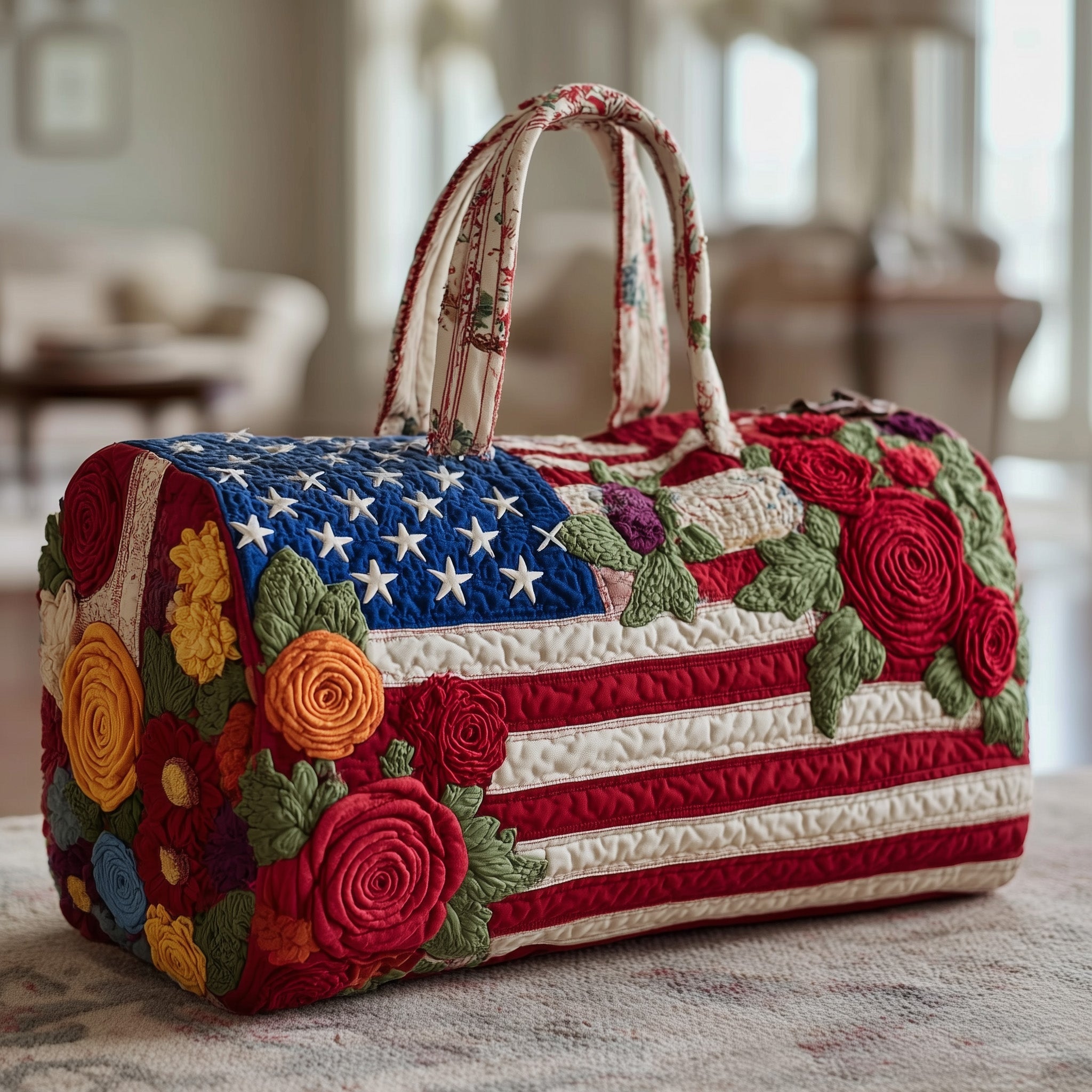Patriot Rose Quilted Duffle Bag American Flag Weekender Duffle Gifts For Girlfriend - Tradiviet