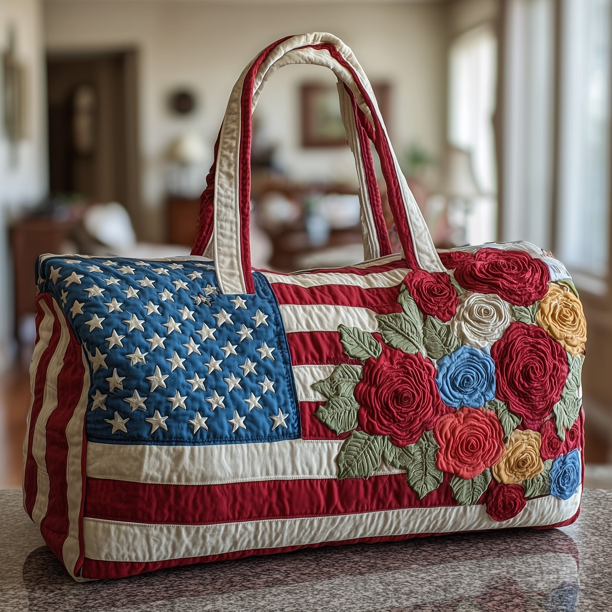 Patriot Rose Quilted Duffle Bag American Flag Weekender Duffle Gifts For Her - Tradiviet
