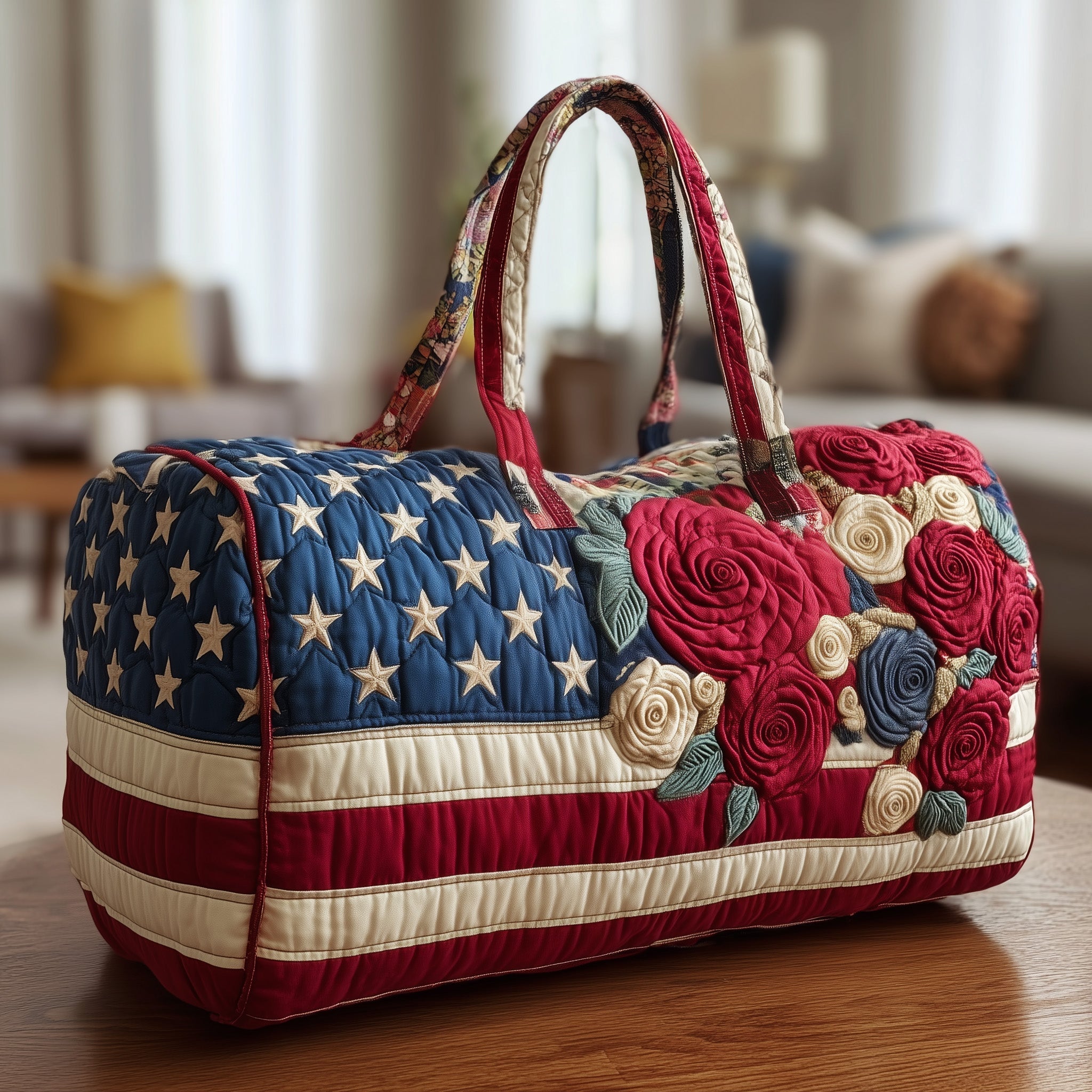 Patriot Rose Quilted Duffle Bag American Flag Weekender Duffle Gifts For Wife - Tradiviet