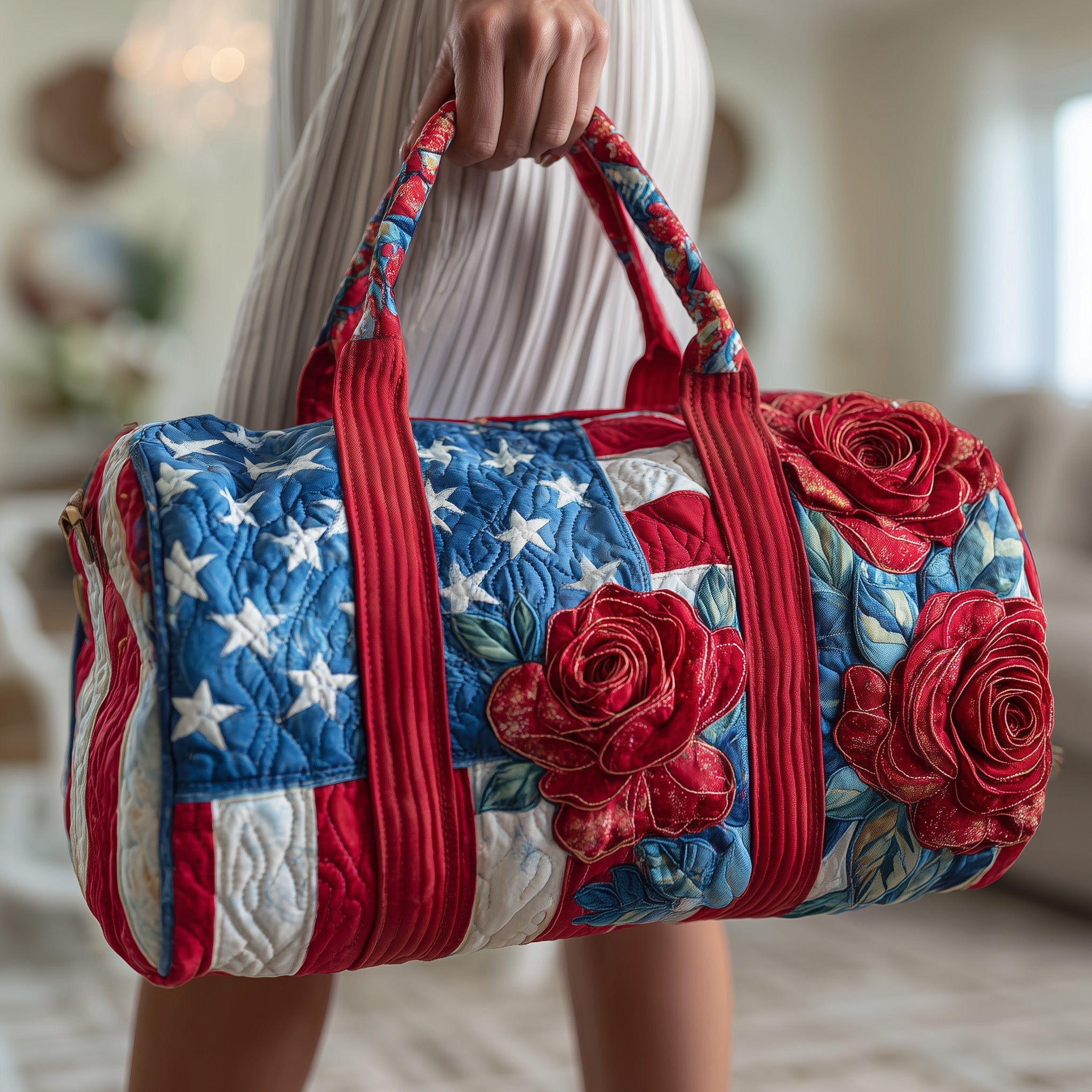 Patriot Rose Quilted Duffle Bag Patriot Poppies Travel Bag Gifts For Her - Tradiviet