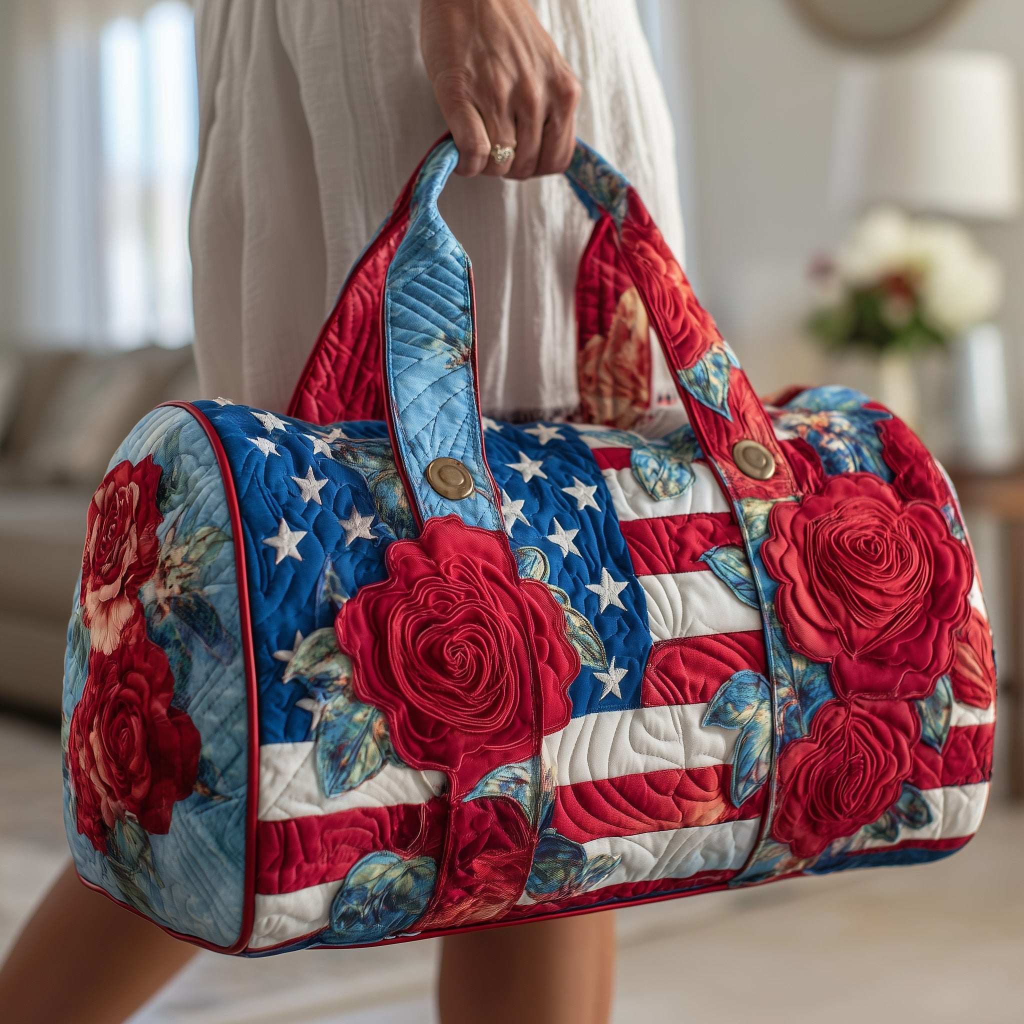 Patriot Rose Quilted Duffle Bag Patriot Poppies Travel Bag Gifts For Mom - Tradiviet