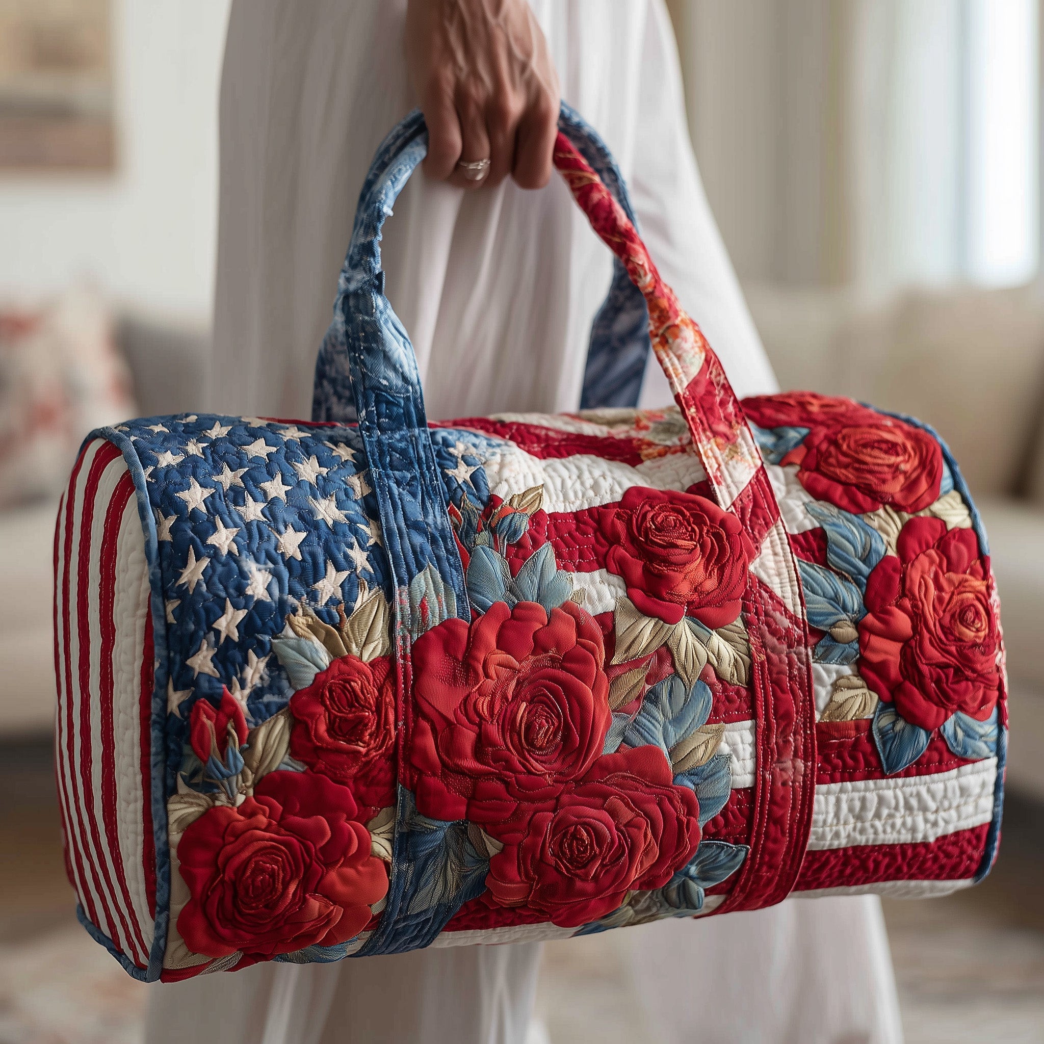 Patriot Rose Quilted Duffle Bag Patriot Poppies Weekender Duffle Gifts For Wife - Tradiviet