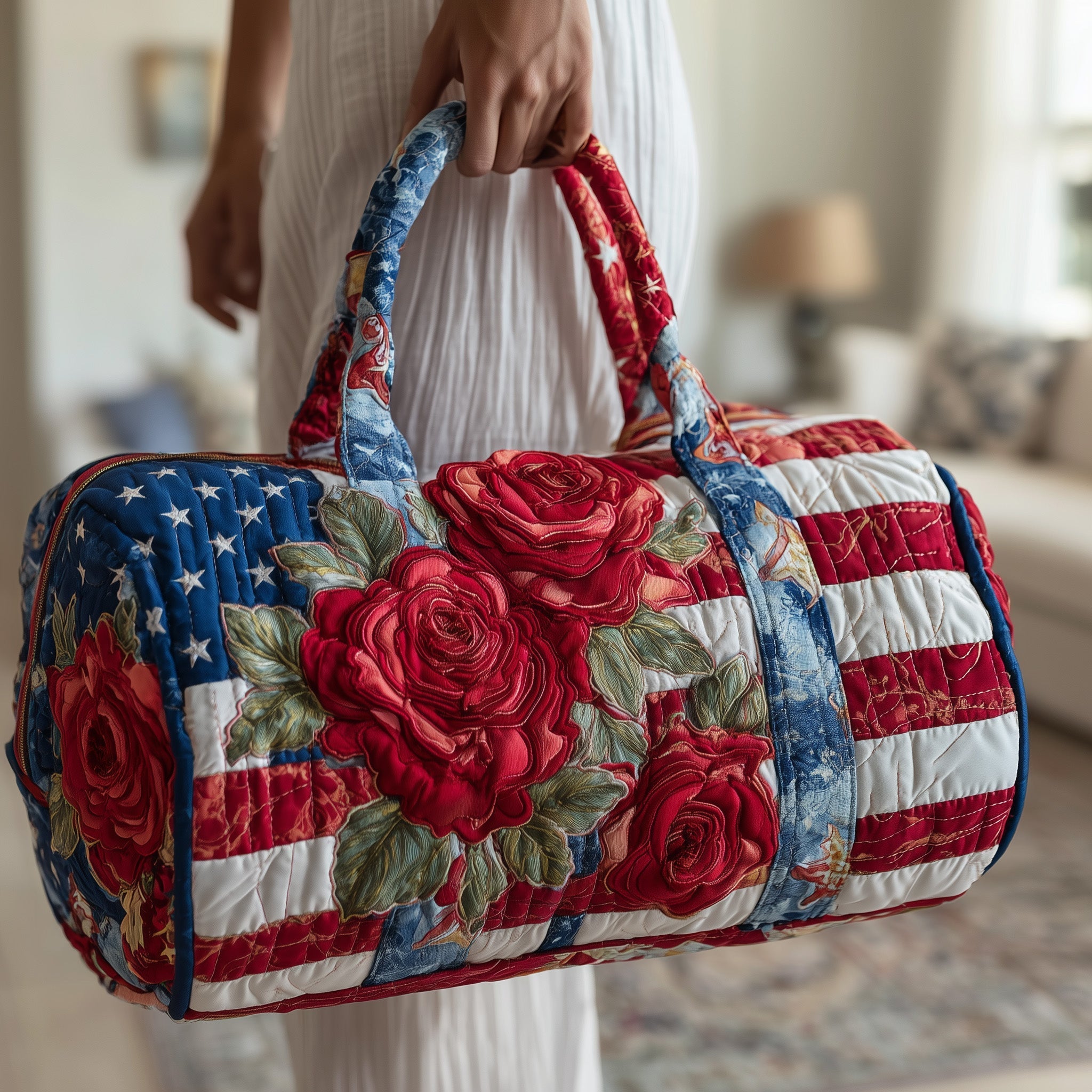 Patriot Rose Quilted Duffle Bag Patriotic Floral Weekender Duffle Gifts For Girlfriend - Tradiviet