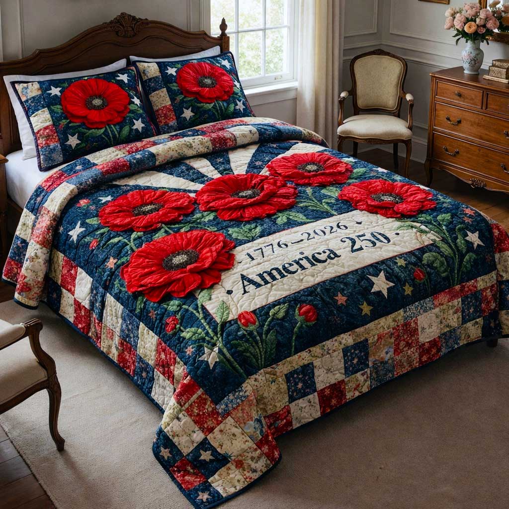 Patriotic America 250 Years Poppy Quilted Bedding Set Good Bedroom Decor Gift Ideas - Tradiviet