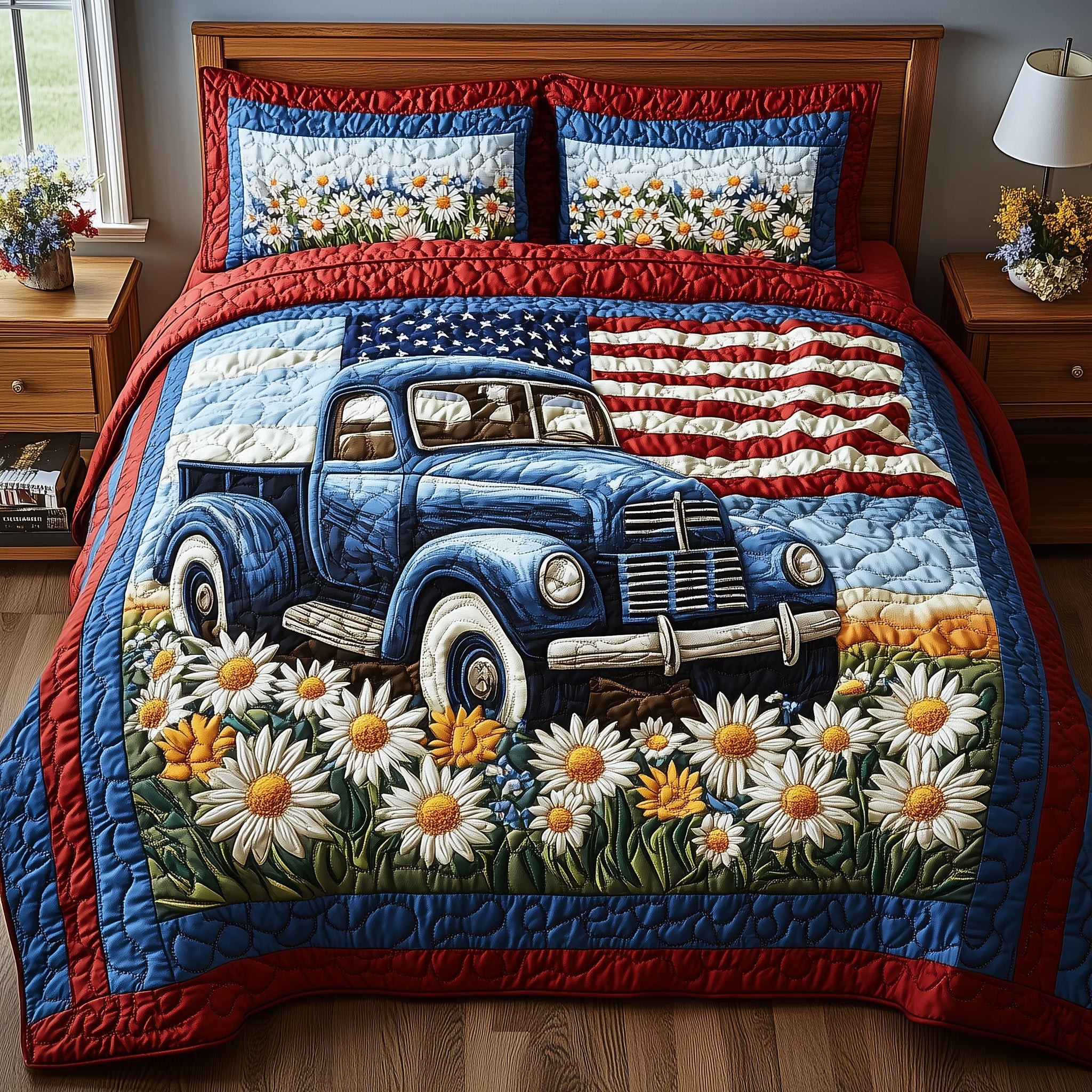 Patriotic America Truck  Quilted Bedding Set  4Th Of July Themed Gifts