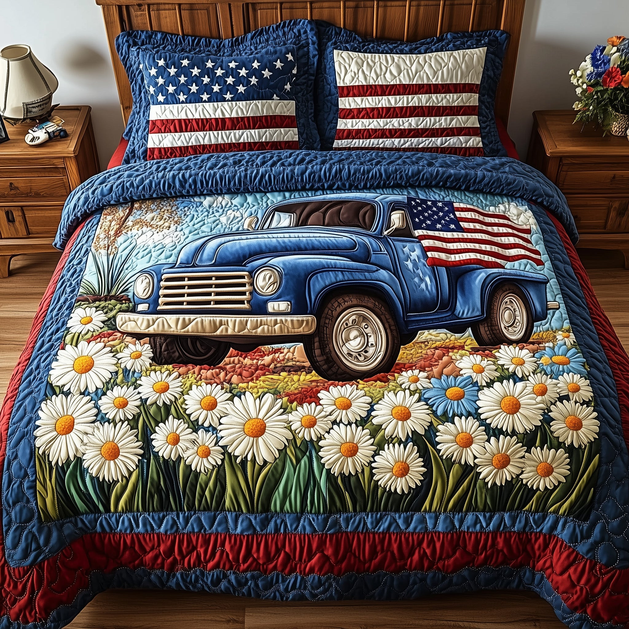 Patriotic America Truck  Quilted Bedding Set Best Bedding Sets 4Th Of July Neighbor Gifts
