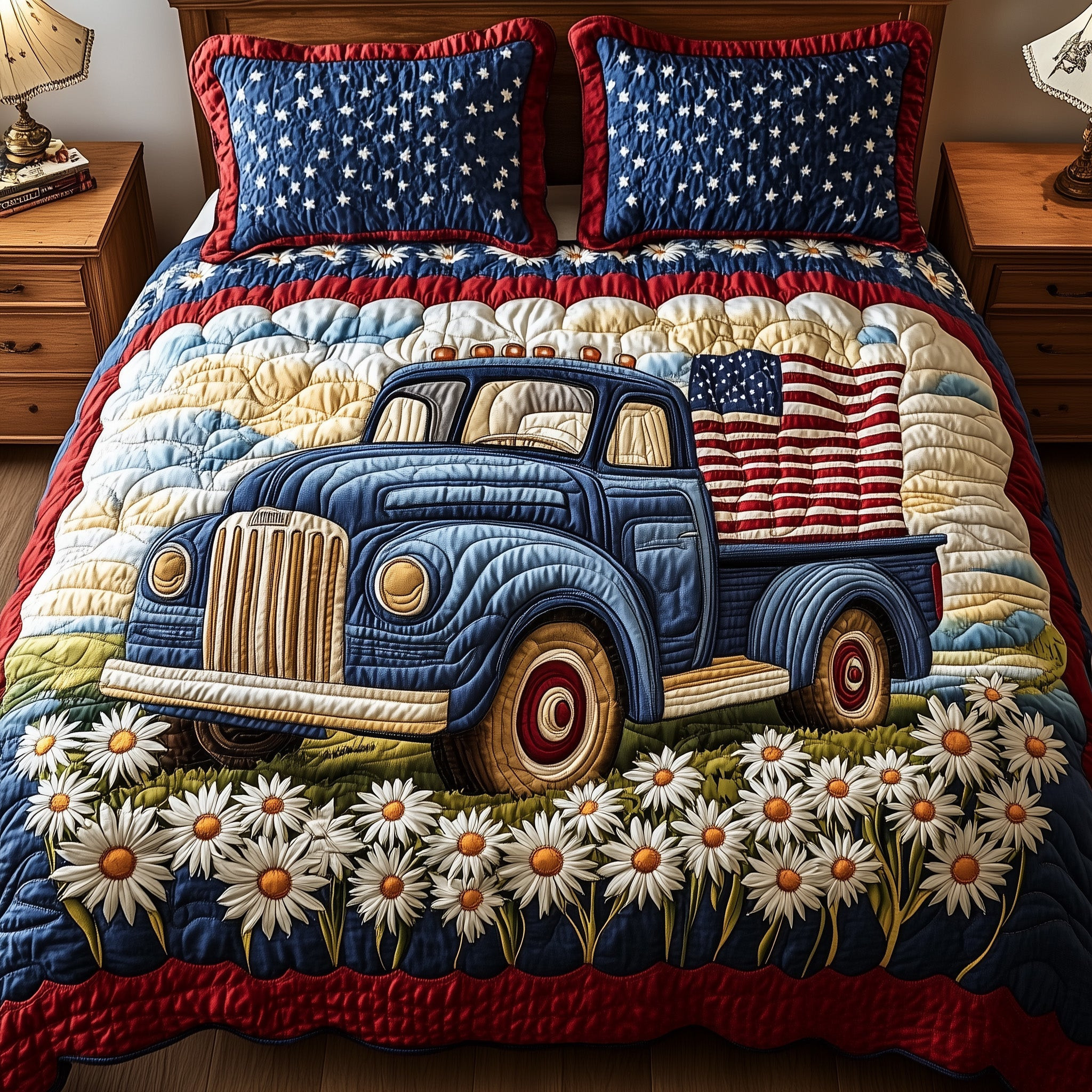 Patriotic America Truck  Quilted Bedding Set Best Bedding Sets Cute 4Th Of July Gifts For Truck Drivers