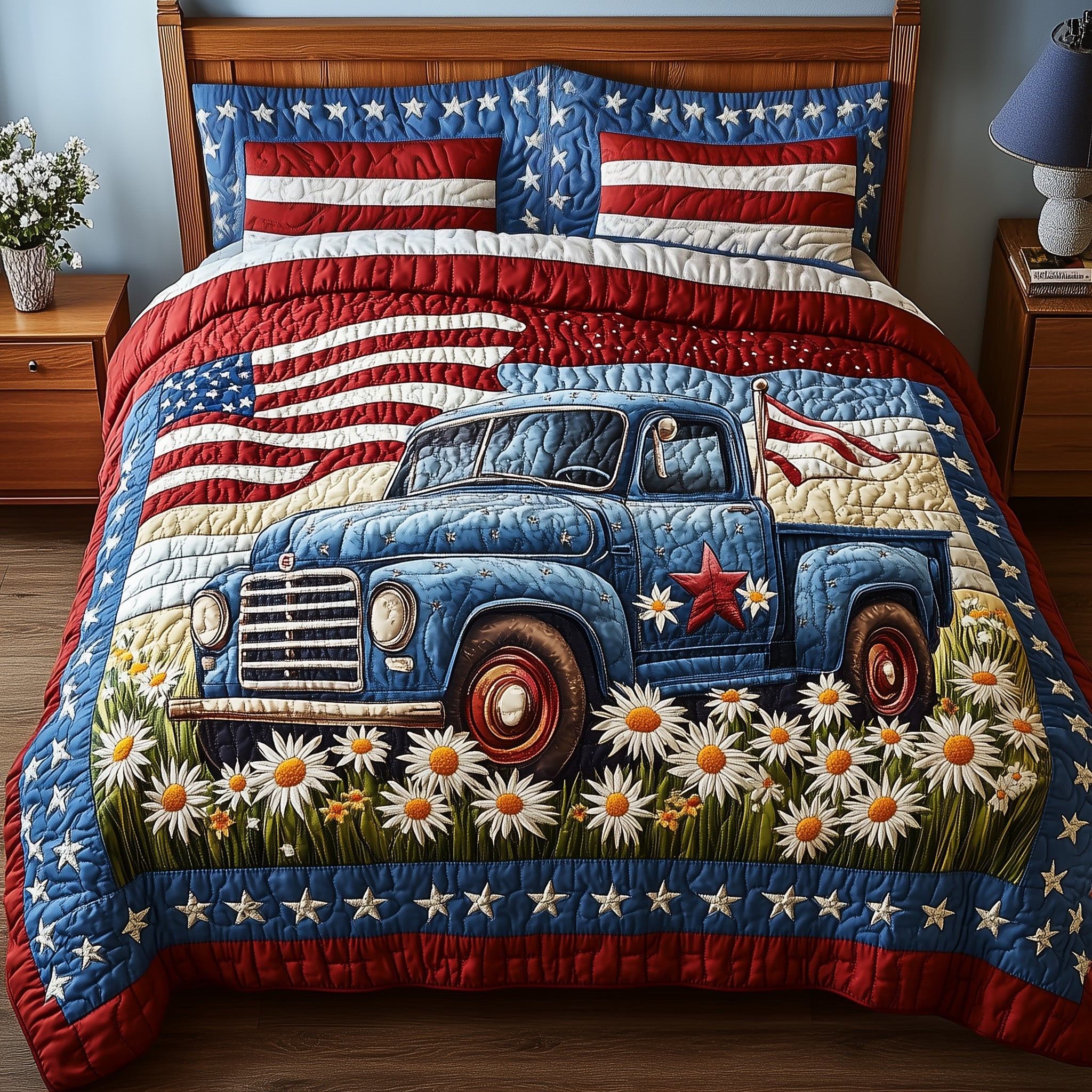 Patriotic America Truck  Quilted Bedding Set Best Bedding Sets Fourth Of July Gifts