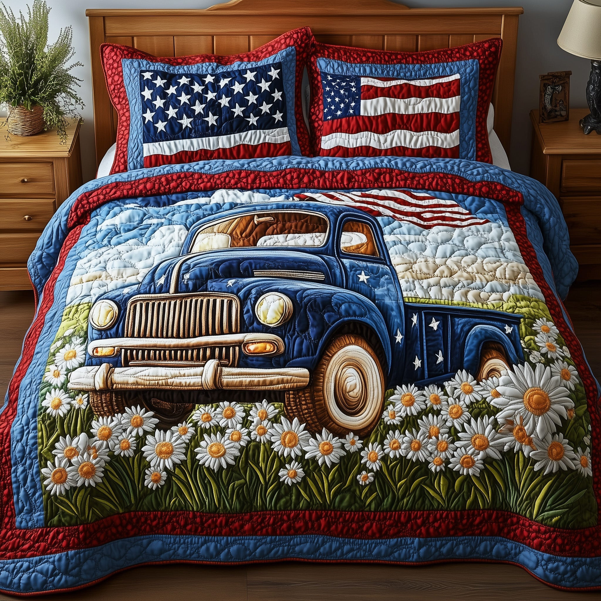 Patriotic America Truck  Quilted Bedding Set Duvet Cover Queen 4Th Of July Gifts For Truck Drivers
