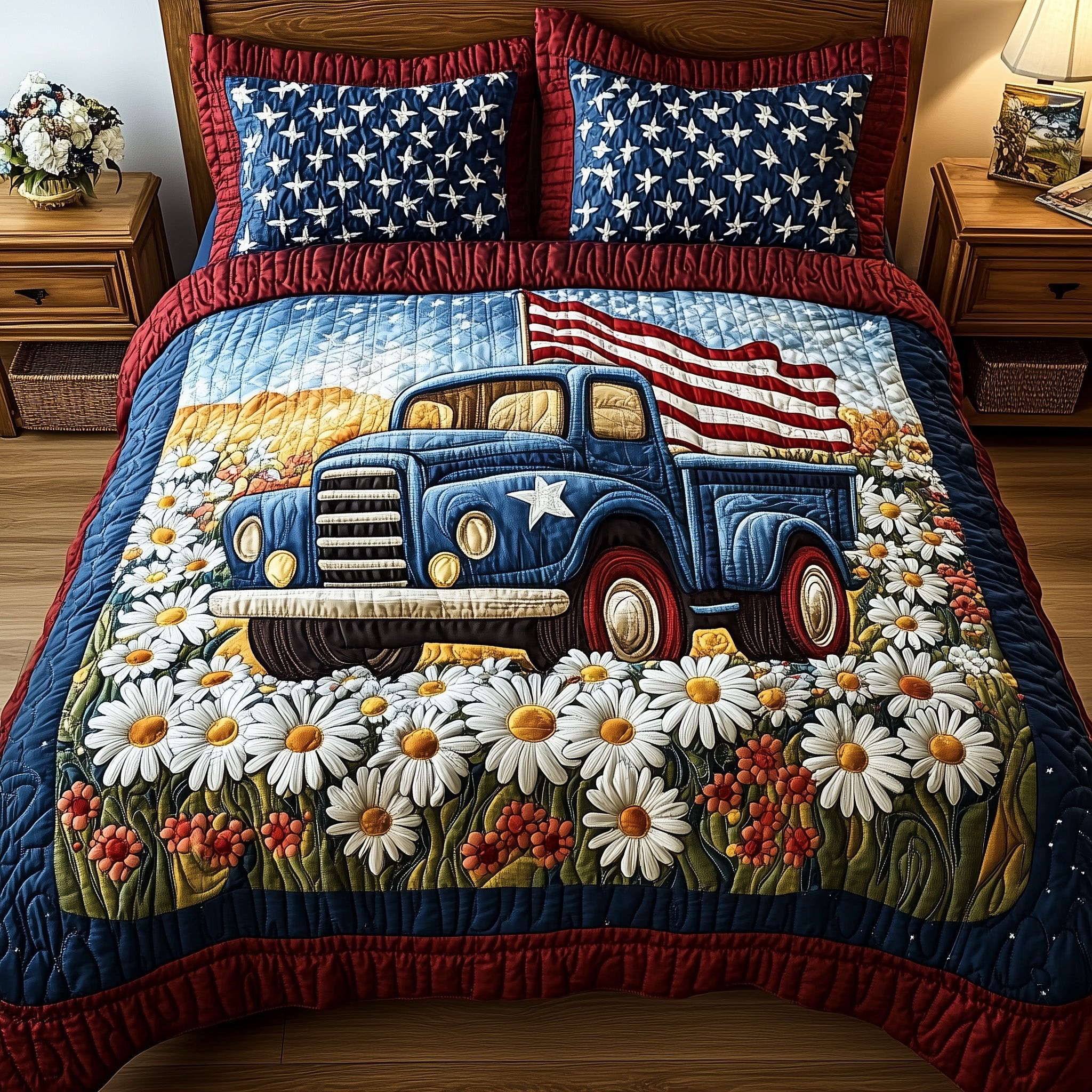 Patriotic America Truck  Quilted Bedding Set  Duvet Cover Queen 4Th Of July Gifts For Truck Drivers