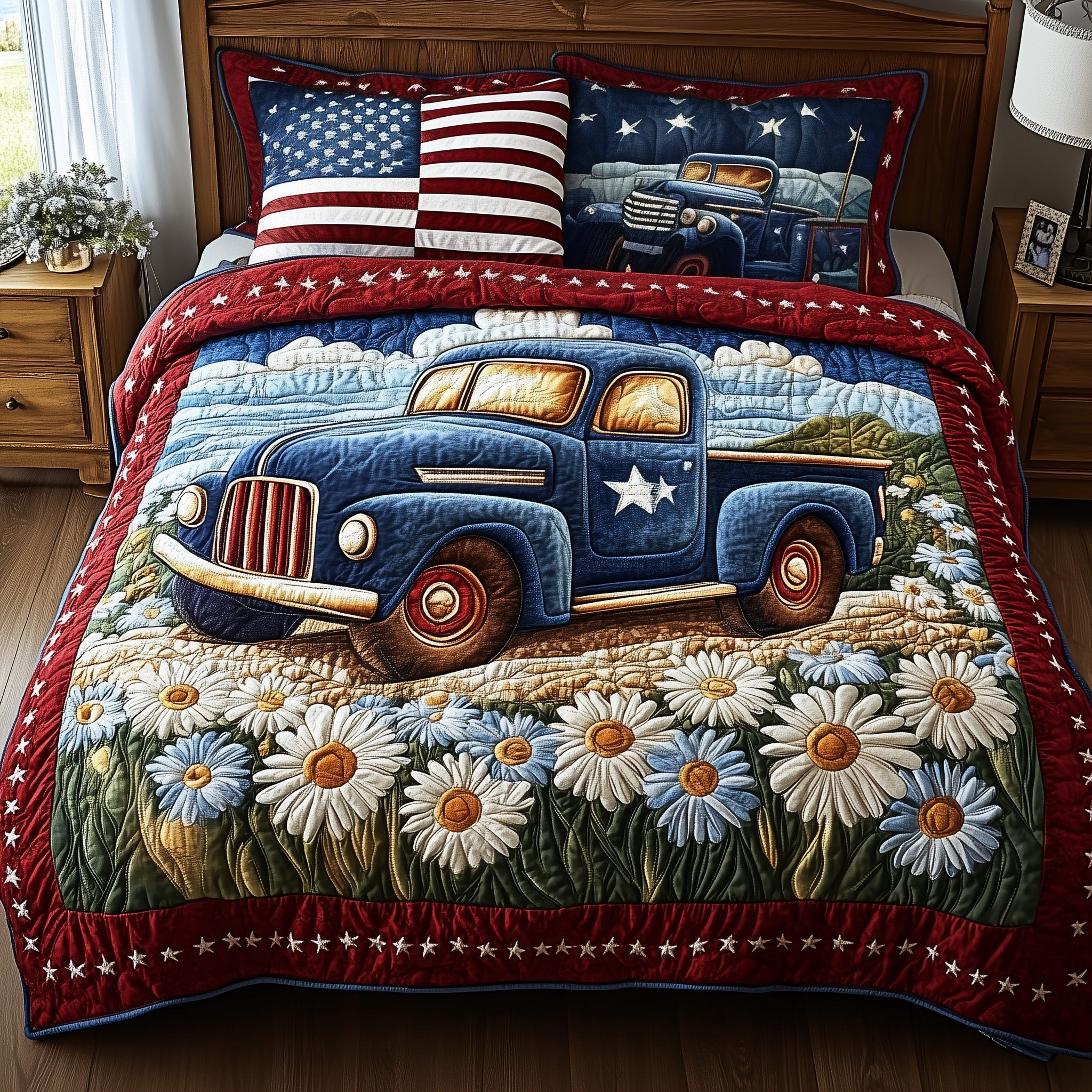 Patriotic America Truck  Quilted Bedding Set  Duvet Cover Queen Cute 4Th Of July Gifts